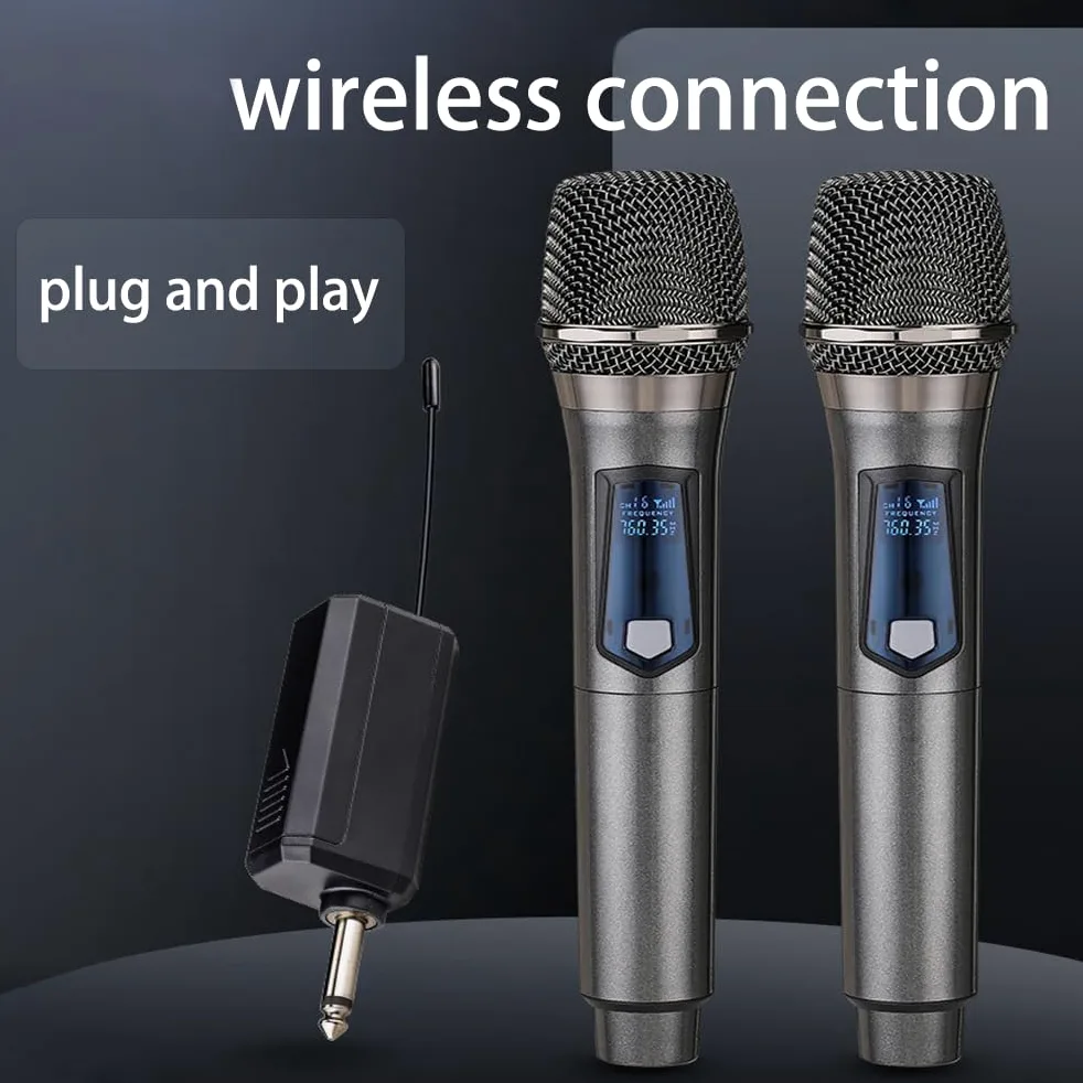 microfono wireless doppio UHF ricaricabile, doppio microfono wireless dinamico portatile per canto karaoke, matrimonio, DJ, festa, discorso, chiesa, uso in classe,