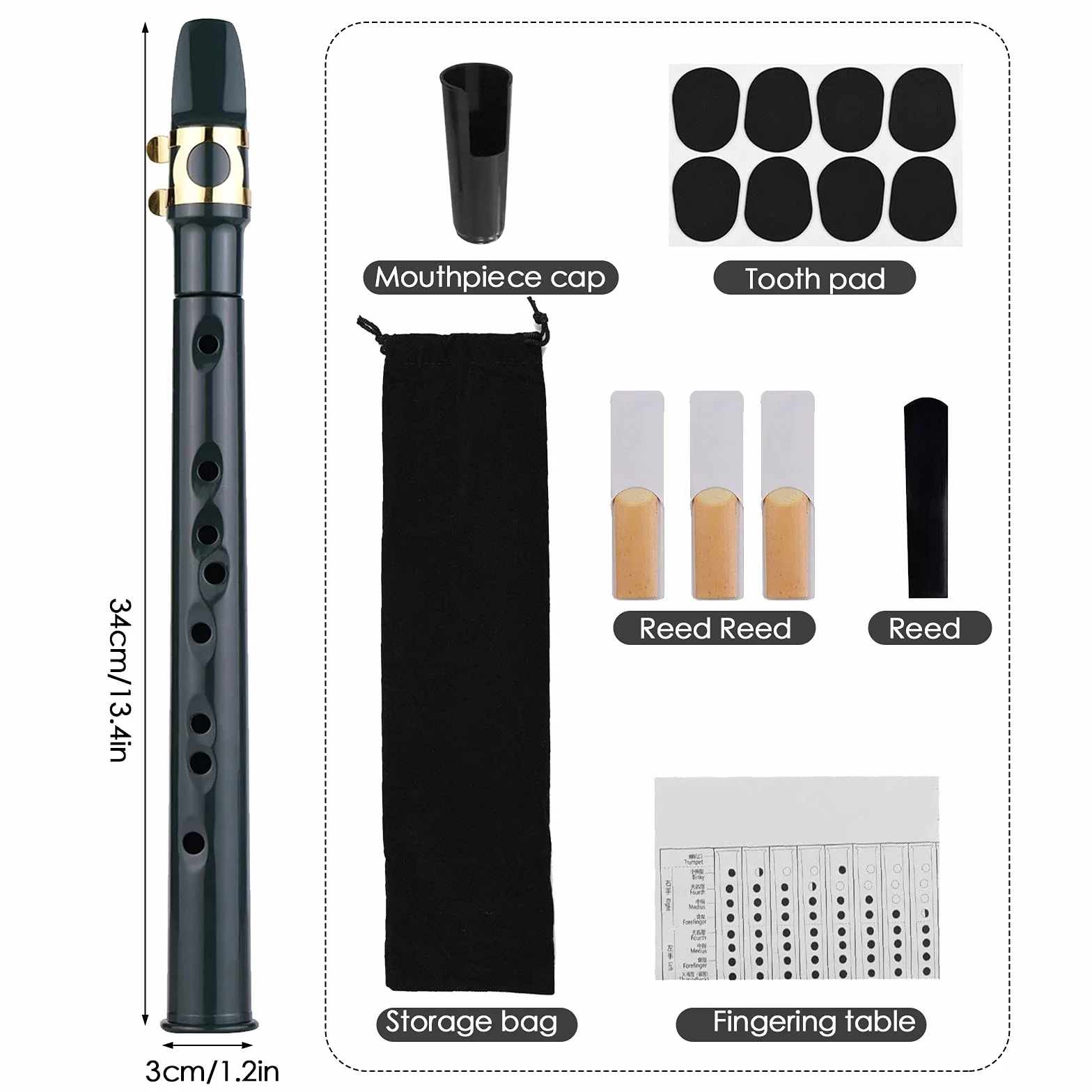 Mini kit tascabile per sassofono contralto, portatile, con 4 ance, 8 tamponi dentali, tabelle per diteggiatura, borsa per il trasporto, strumento a fiato per principianti e dilettanti (nero)