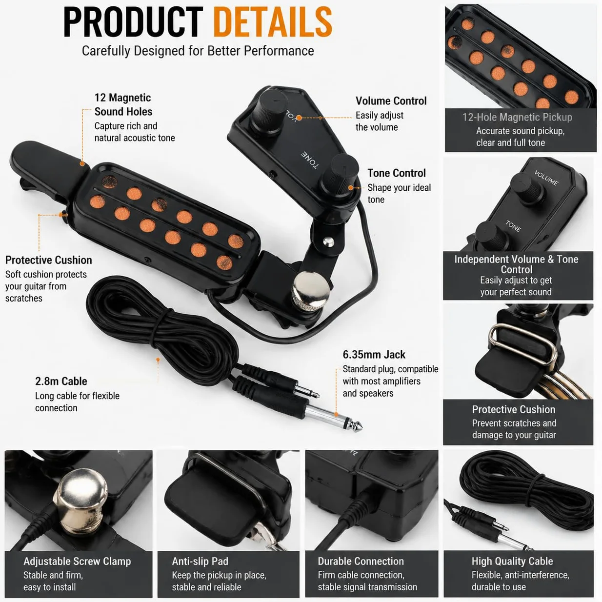 Pickup Chitarra Acustica 12 Fori Metal Magnetic Guitar Transducer Sound Pickups con kit di Accordatura del Volume e Cavo di Amplificazione per chitarra acustica e ukulele
