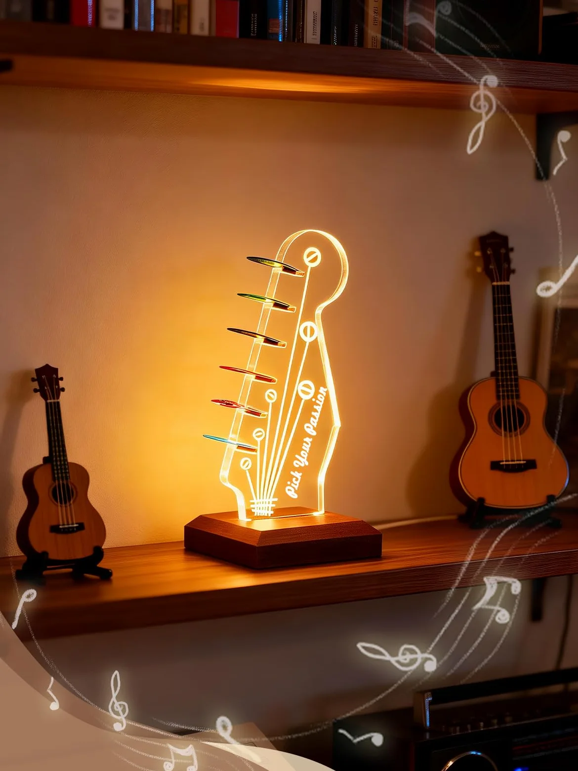 CoolGift Mart Light Up Guitar Pick Holder, acrilico Electric Guitar Headstock a forma di testine di chitarra a Base di legno per la memorizzazione e lo schermo dei plettri, Guitar Accessories Gift
