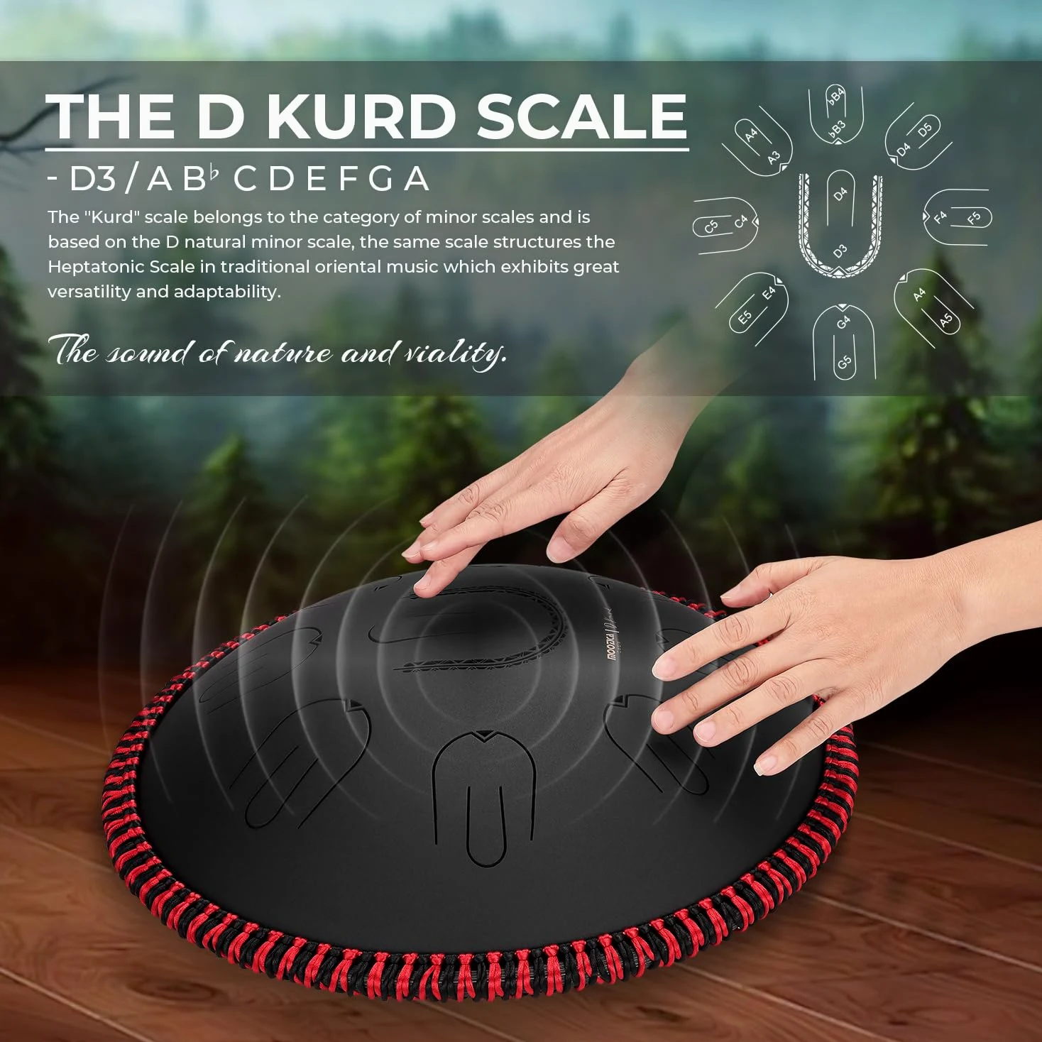 MOOZICA Steel Handpan Tongue Drum, Tamburo Tongue Portatile da 14" in Scala D-Kurd con Design Ottava Overtone, Tamburo Handpan per Principianti e Professionisti (D-Kurd, Nero)