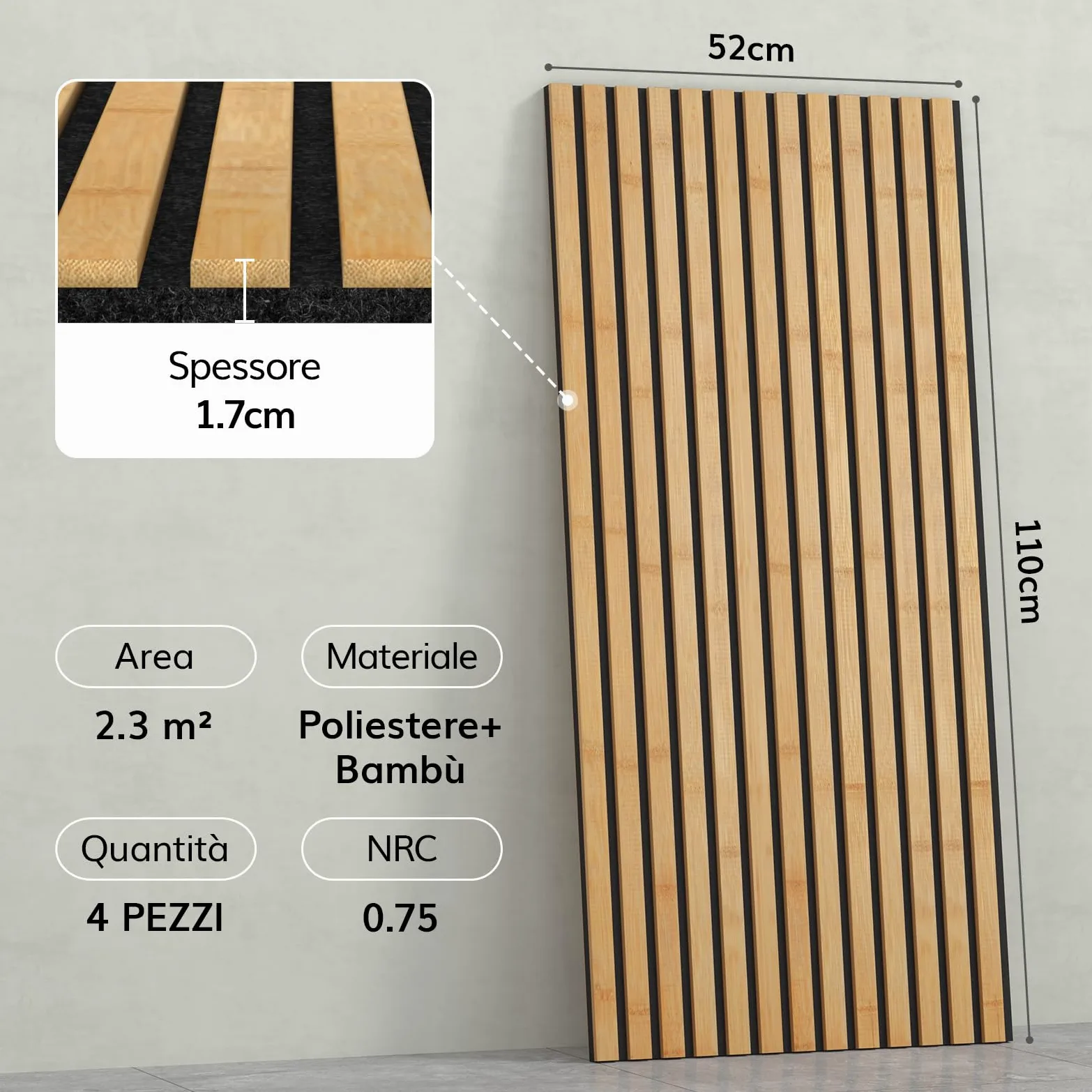 TONOR Set di 4 Pannelli Fonoassorbenti in Bambù Per Pareti, 110 x 52 x 1,7 cm Pannelli Acustici a Doghe Con Adesivo Completo, Pannello Insonorizzante per Parete Tv, Arredamento D'Interni, Casa, Porte