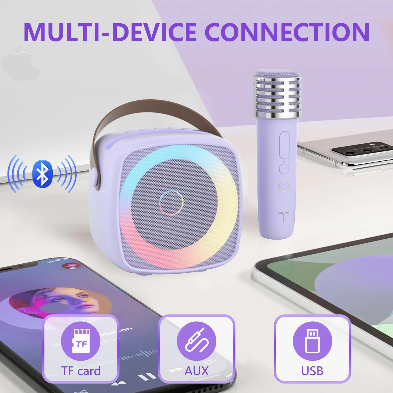 Karaoke per Bambini con 2 Microfono, Regalo Bambina 3-12 Anni Microfono Bluetooth Per Ragazzi e Ragazze, Portabile Macchina Karaoke con Design Supporto per Telefono, sistema PA per feste a casa(Viola)