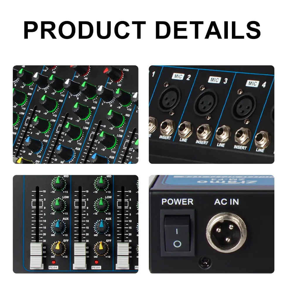 Professional Audio Mixer for keyboard guitar mics with Bluetooth, 4/7/10 Channel Mixing Console with USB Clean Audio Interface,Ideal for Rehearsals,Church and Karaoke live show (ZM-F4)