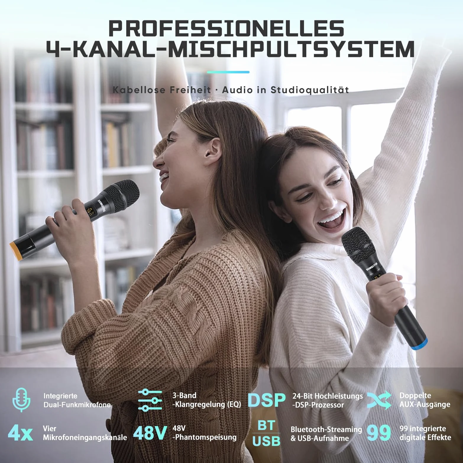 Mixer audio a 4 canali con 2 microfoni senza fili, console professionale DJ con 99 DSP MP3 Bluetooth 48 V alimentazione phantom PAD e interfaccia USB per registrazione, karaoke domestico e streaming