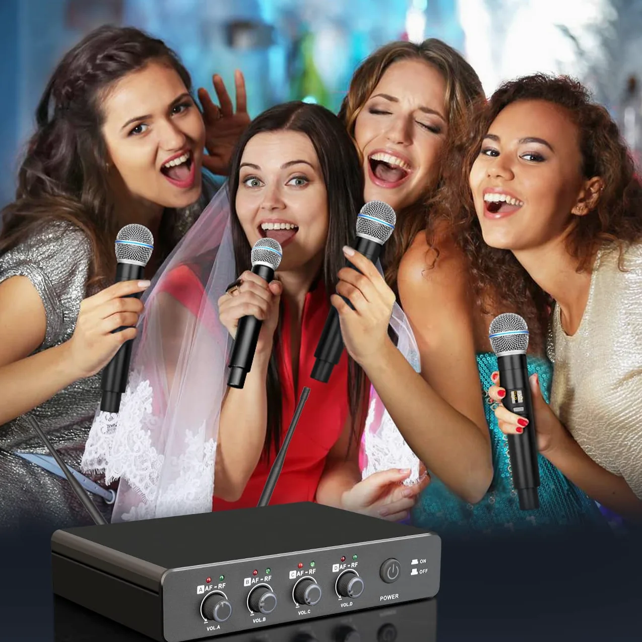 Depusheng R4 microfono wireless karaoke UHF corpo in metallo professionale 4 canali system microfono portatile senza fili, adatto per la casa KTV, chiesa, prestazioni