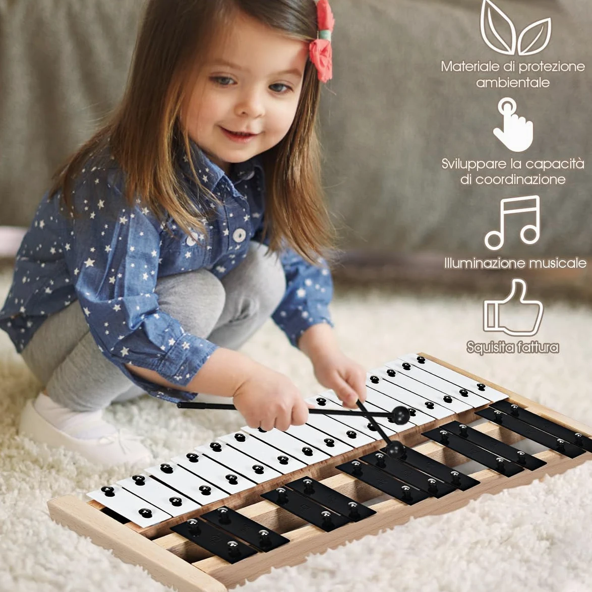 COSTWAY Xilofono 27 Note, Metallofono per Bambini, con 2 Mazzuole e Borsa, Strumento a Percussione a Mano per Bambini e Adulti