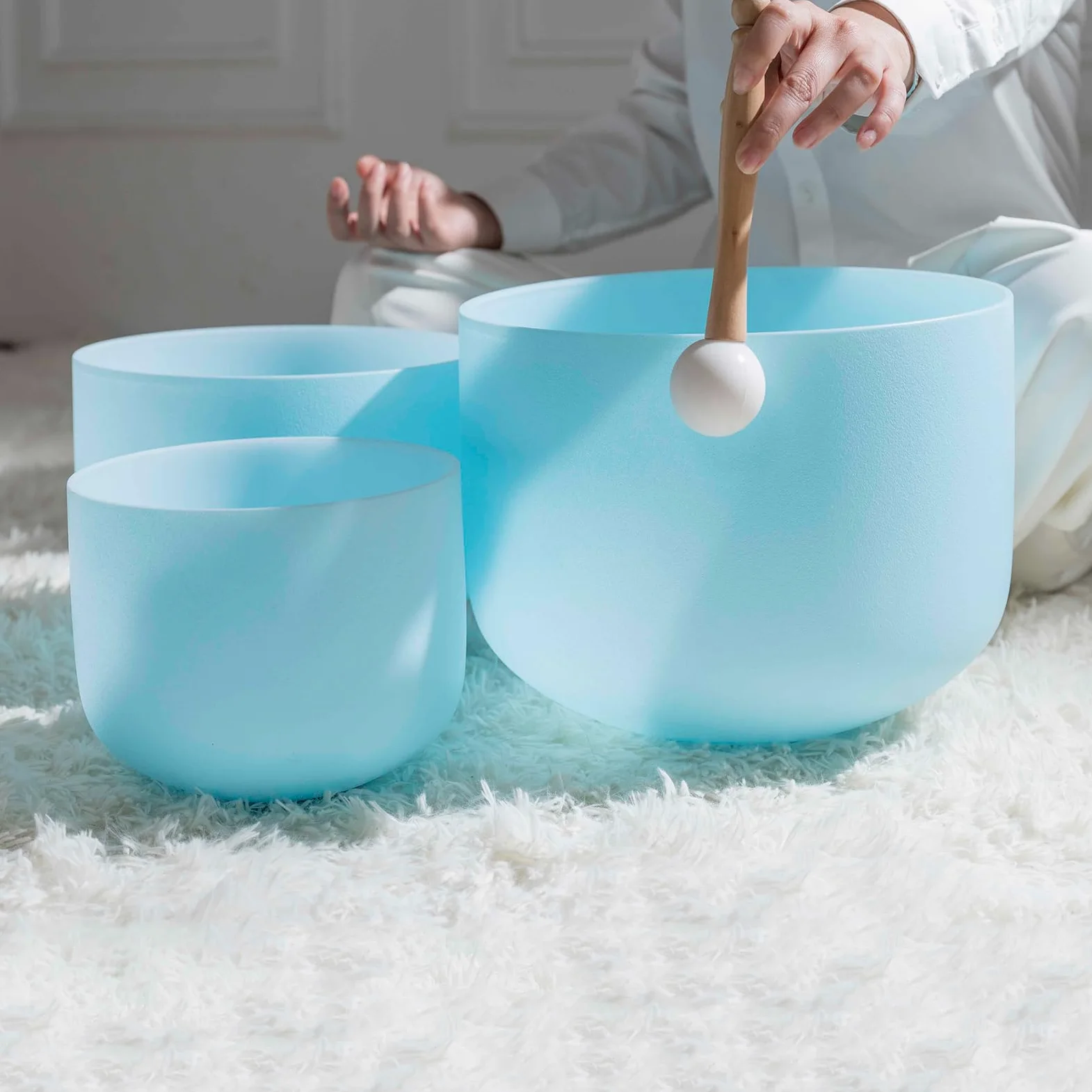 Hye-eun Set di 3 campane tibetane in cristallo, 432 Hz, 12 "C 10" F 8 "A, blu, al quarzo, con custodia per il trasporto, per la meditazione, per la guarigione dello yoga