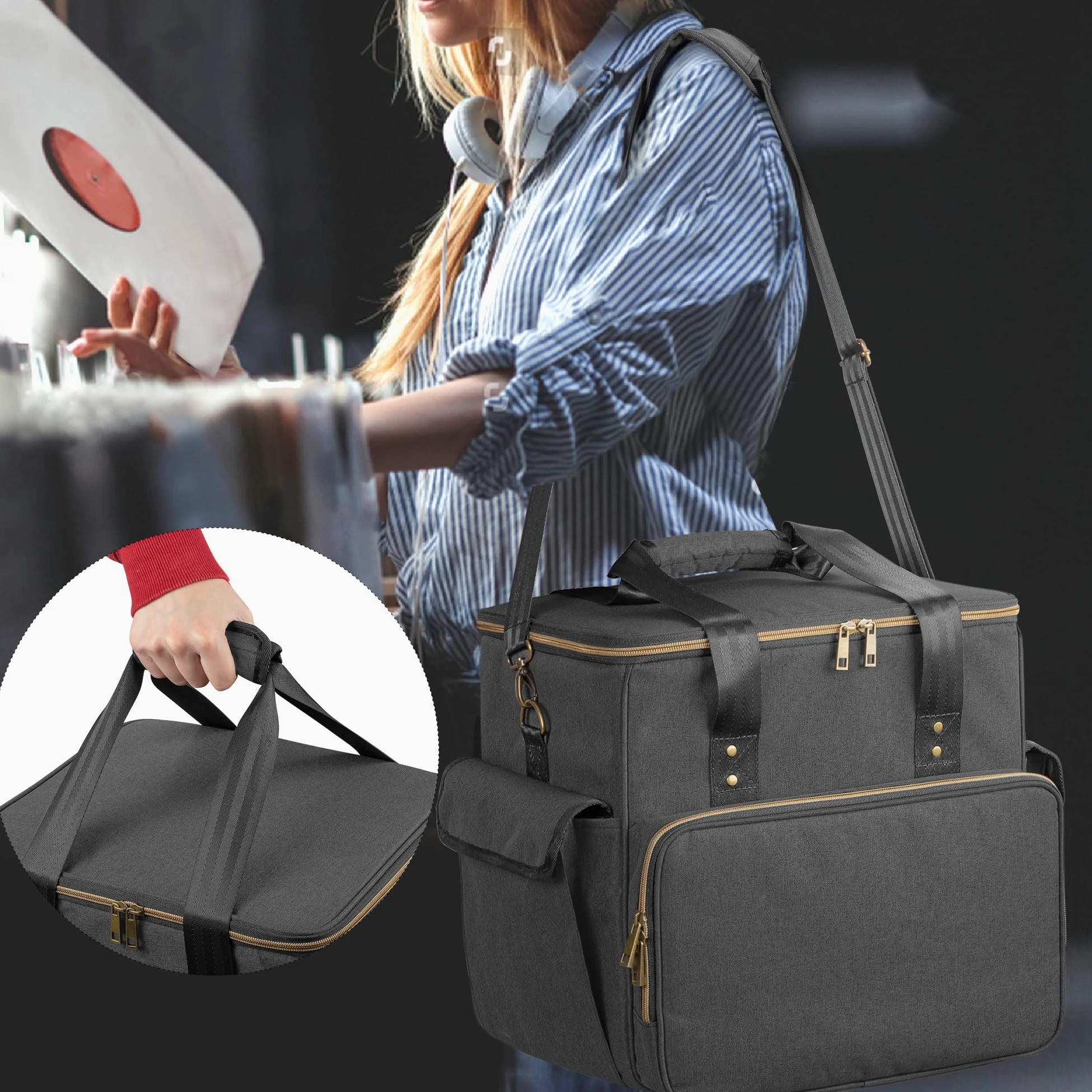 Trunab Borsa per Dischi Vinile in Nylon Impermeabile Leggera Robusta di Grande Capacità - Compatibile con 60 LP, Ideale per Trasportare Vinili con Tracolla e Maniglia