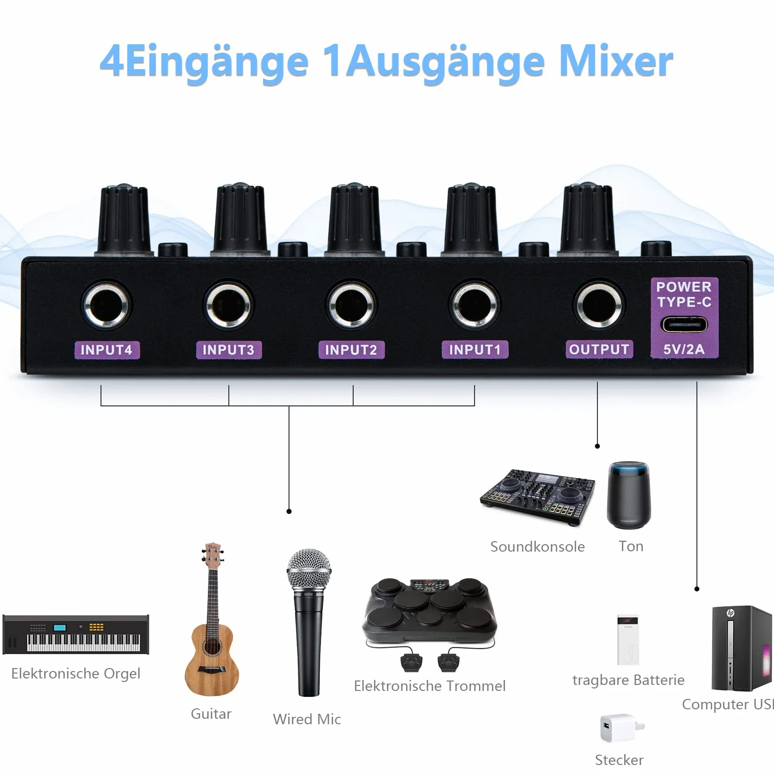 ALLWIN Mixer a 4 canali, mini mixer audio portatile 4in1out basso rumore DC5V supporto mono e stereo, per chitarre/bassi/tastiere/mixer/strumenti