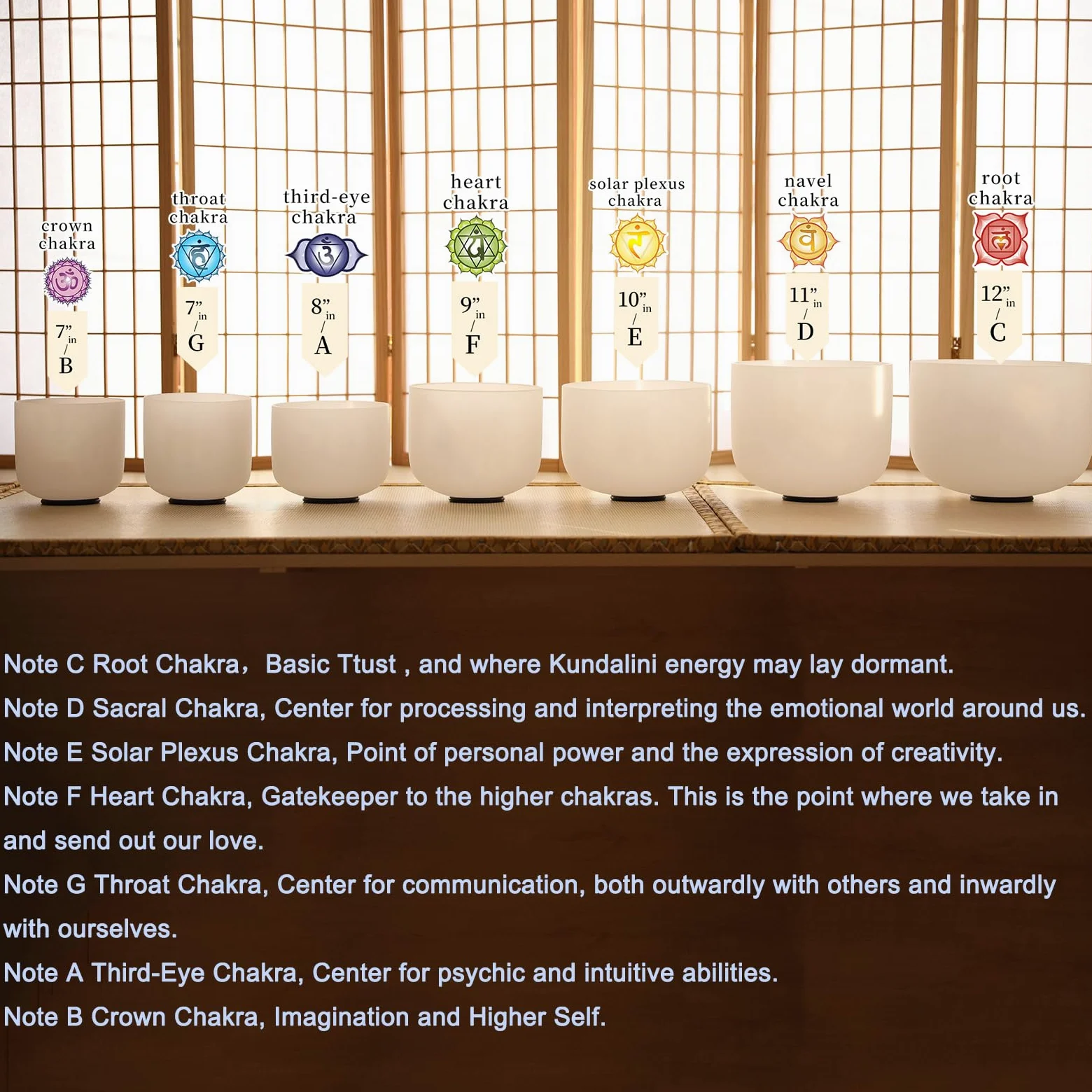 Hye-eun Set di 7 campane tibetane in cristallo da 17-30,5 cm, 432 Hz, per chakra, yoga, meditazione, con custodia resistente