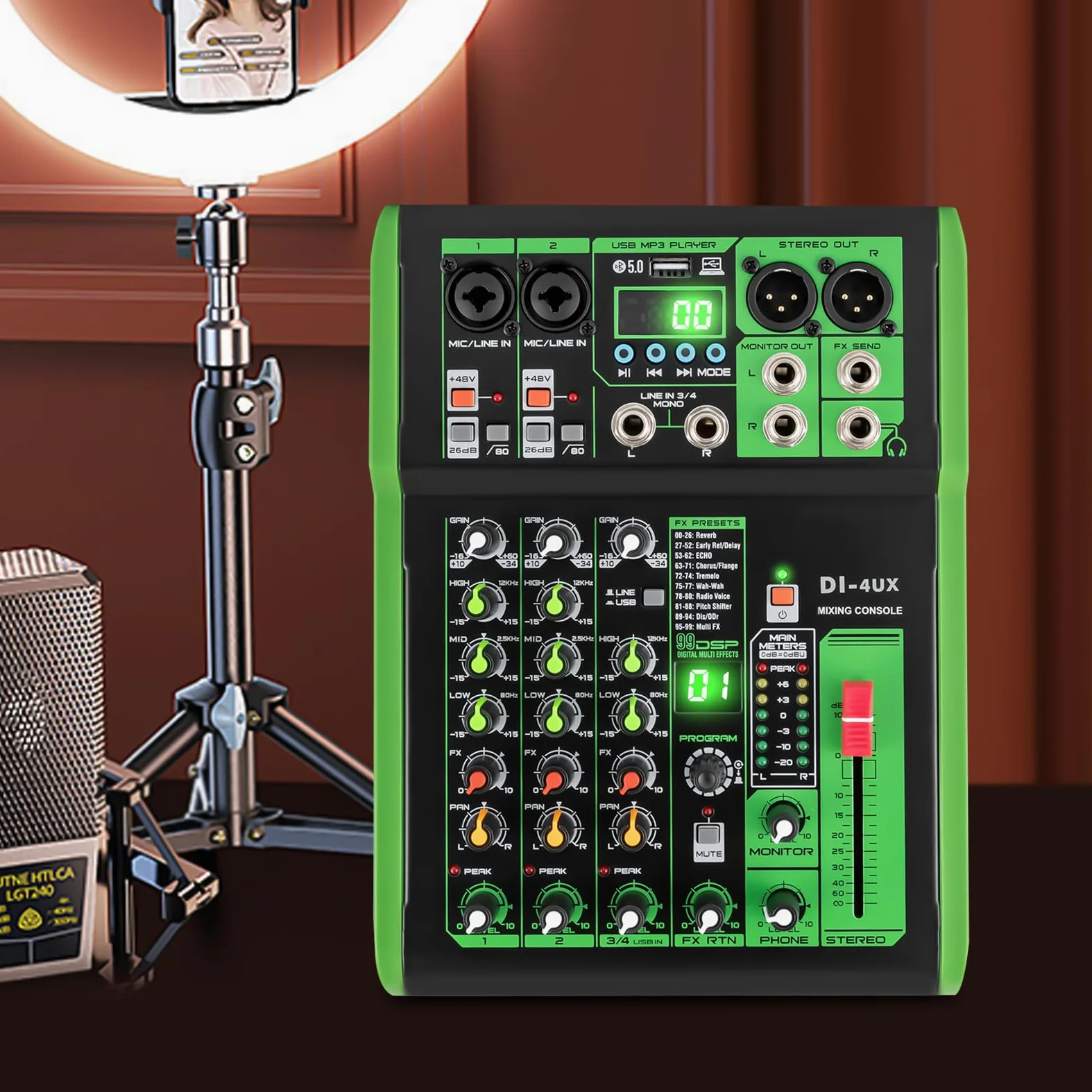 Mixer audio professionale, alimentazione phantom, preamplificatore per microfono, serie DI-4UX, verde, 19,3 x 26 x 4,5 cm