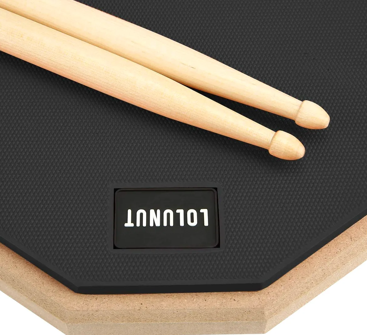 Pad per esercizi batteria, allenatore silenzioso in gomma morbida, base in legno, double-face, con bacchette in legno massello (20,3 cm, nero)
