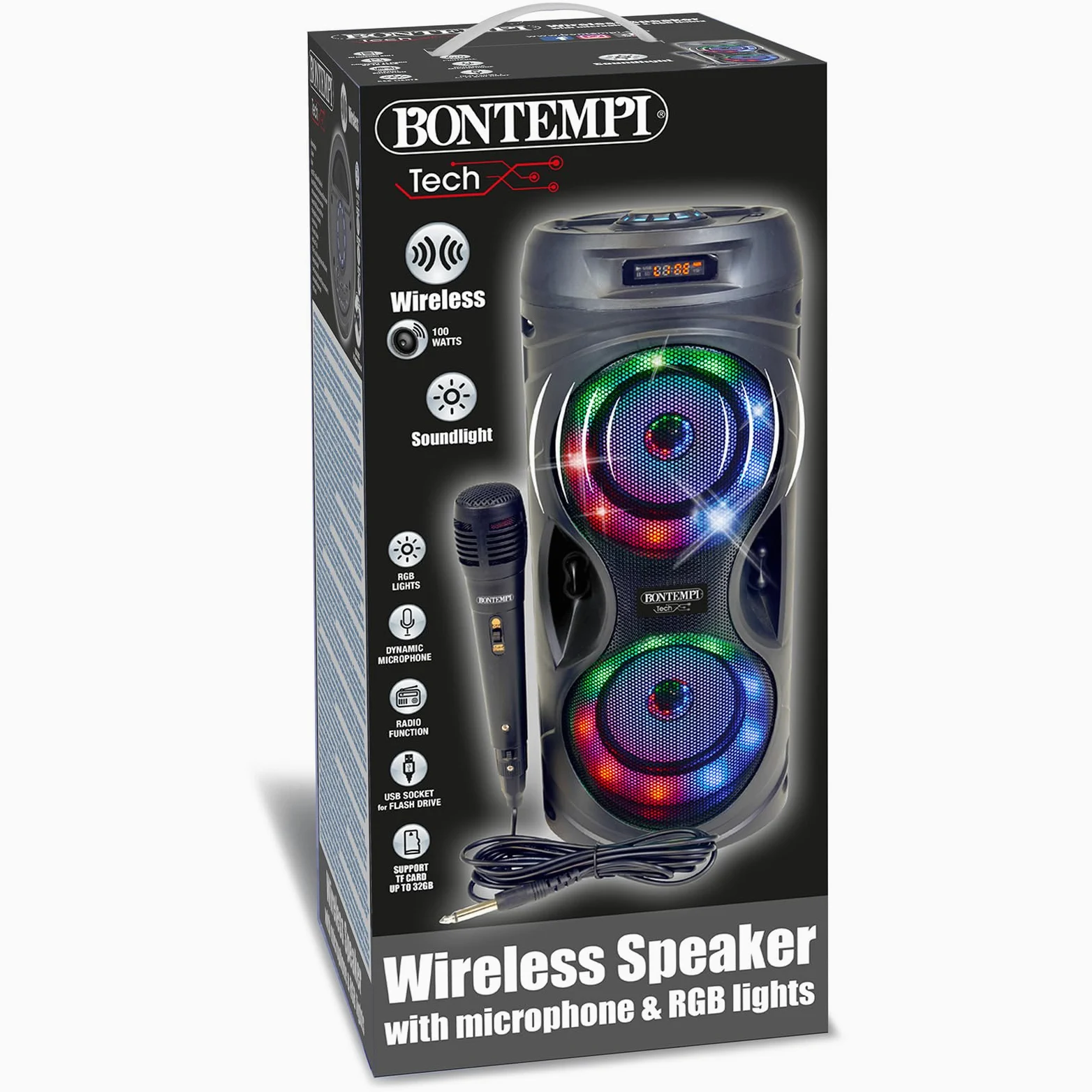 Bontempi | SonicSync - Amplificatore Wireless Karaoke con Microfono Dinamico, Effetti Luminosi, Regolatore Alti e Bassi, TWS ed Effetto Eco, 41,4x18,8x18,8 cm