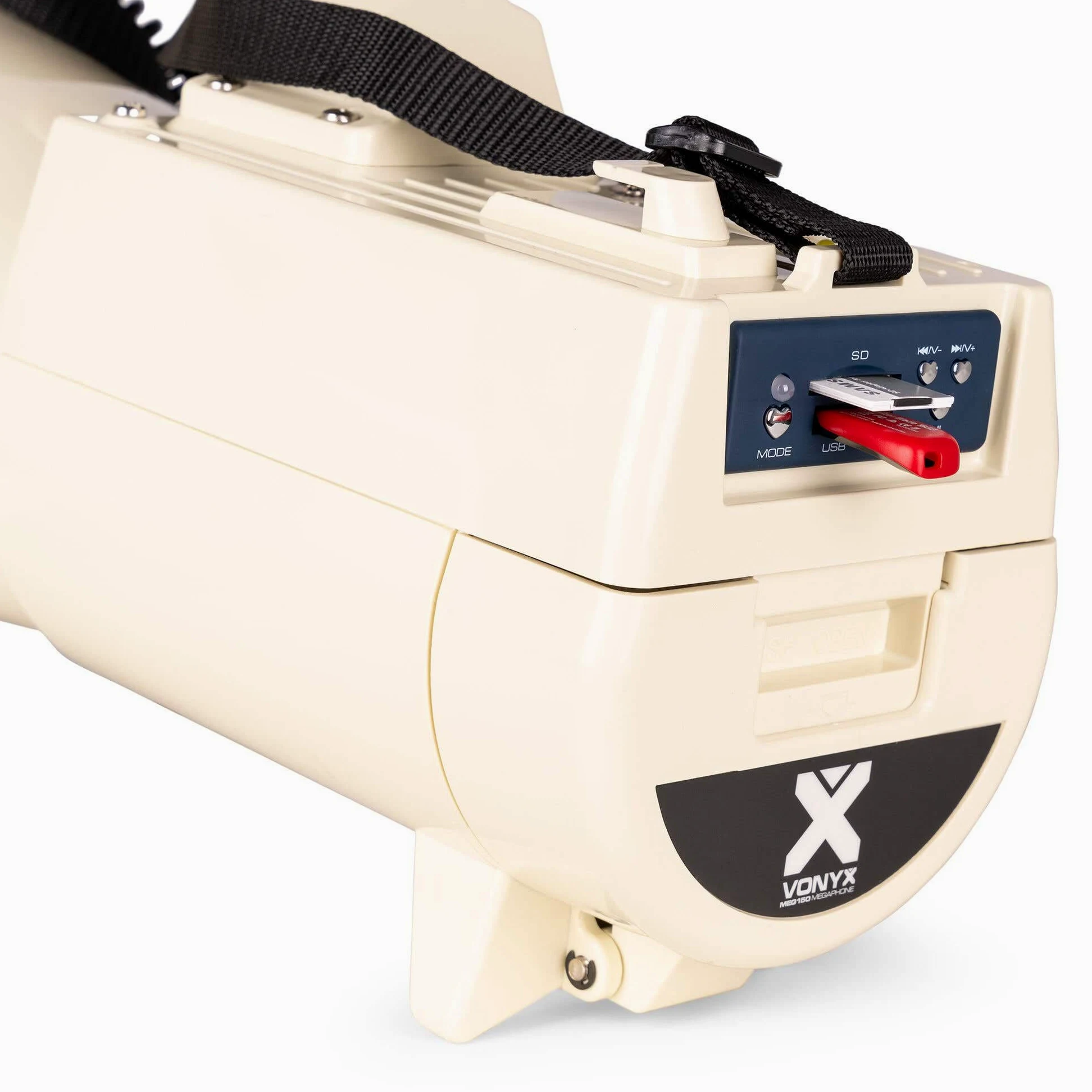 Vonyx MEG150 - Megafono professionale da 150 W con batteria ricaricabile, sirena e microfono, Bluetooth, funzione di registrazione, portata fino a 2000 metri, USB, SD, MP3 e AUX, cinghia, colore beige