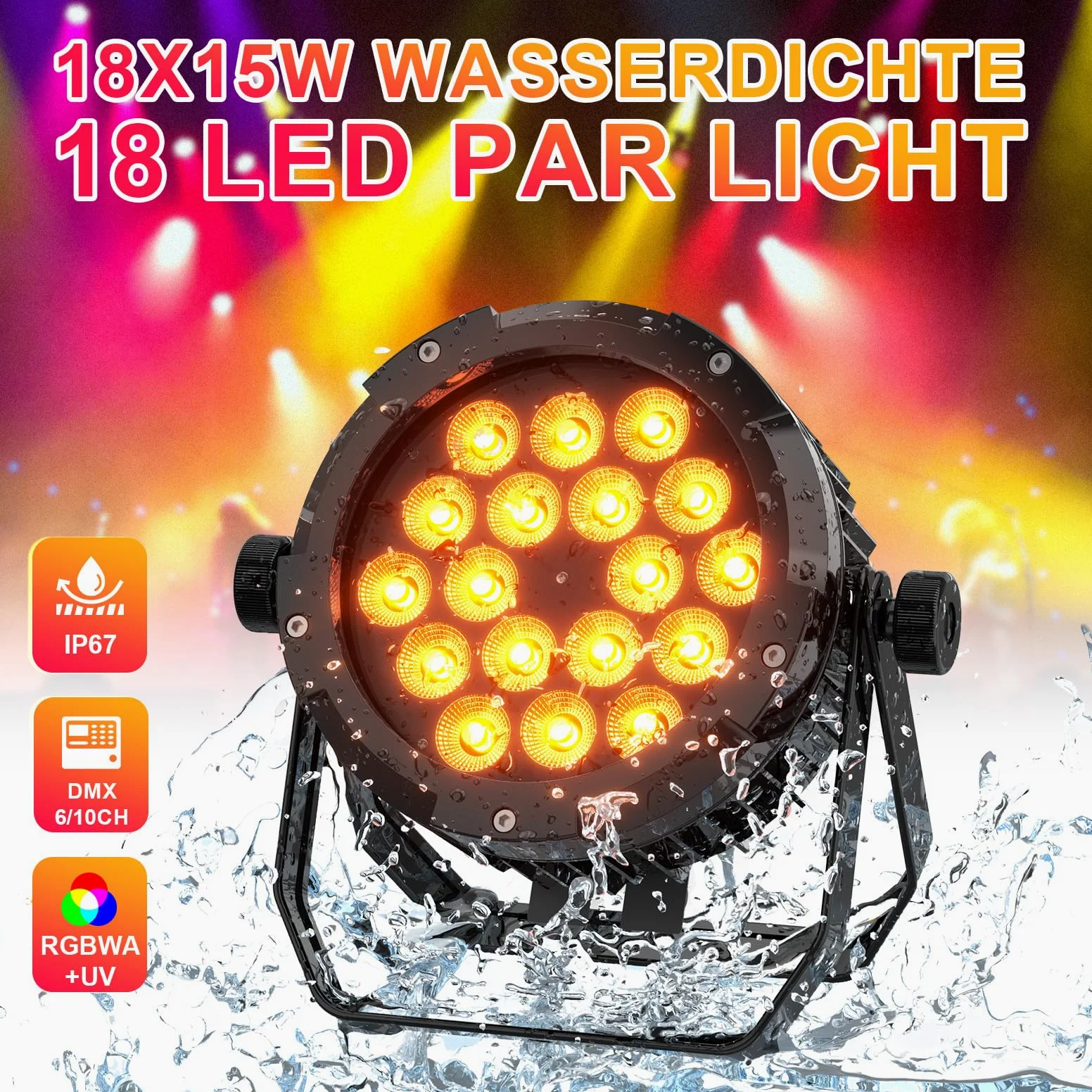 Impermeabile Par LED RGBWA+UV 6 in 1, 18 LED Luce di Scena con DMX-6/10CH y Efectos Estroboscópica, Illuminazione Palco per Discoteche, Matrimoni, Bar, Spettacoli, Piscina