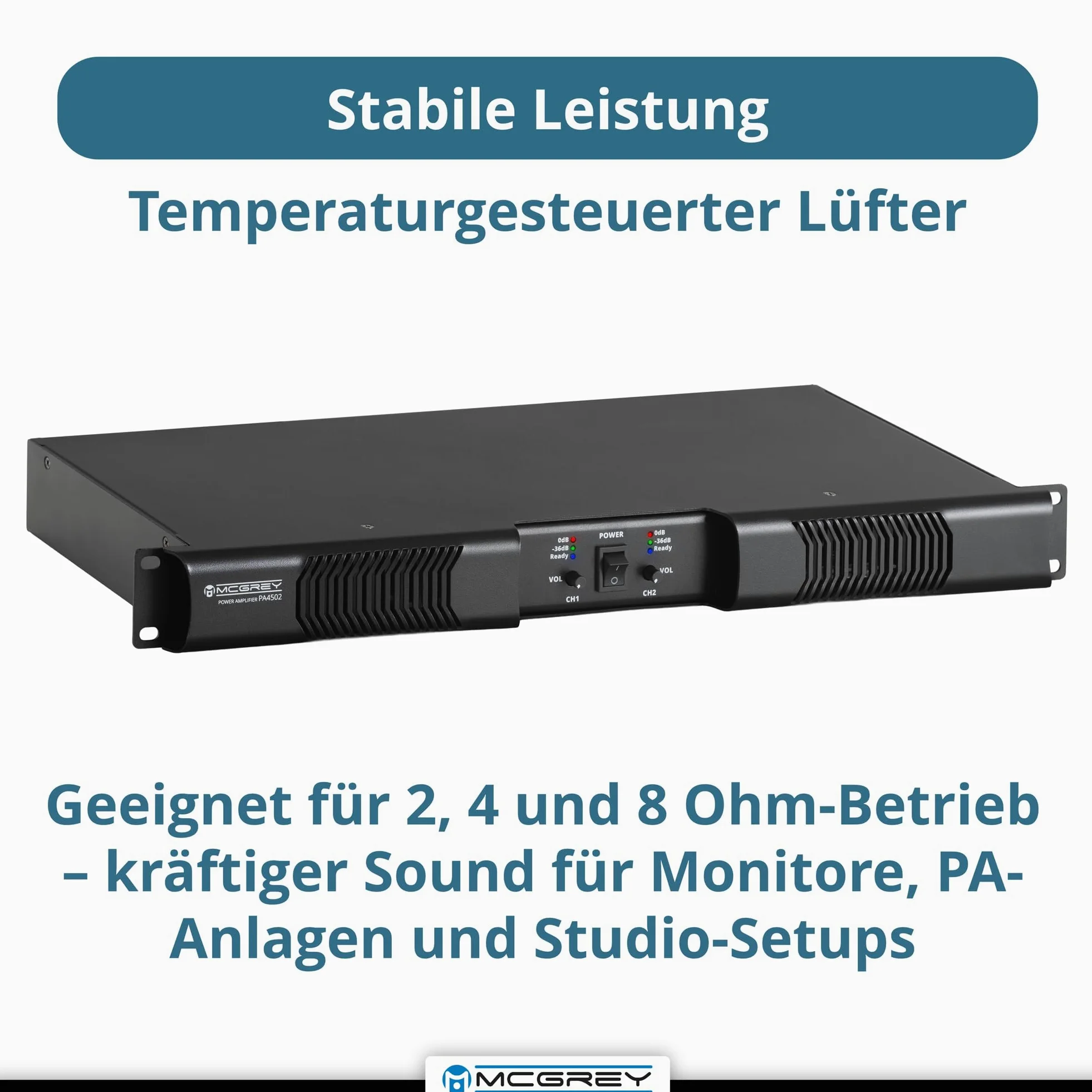 McGrey PA-4502 Amplificatore 1U 2x450W Class-D, 2 canali, XLR/Speakon, protezioni, compatibile rack 19", leggero 2,8 kg — per band, DJ, eventi e installazioni fisse