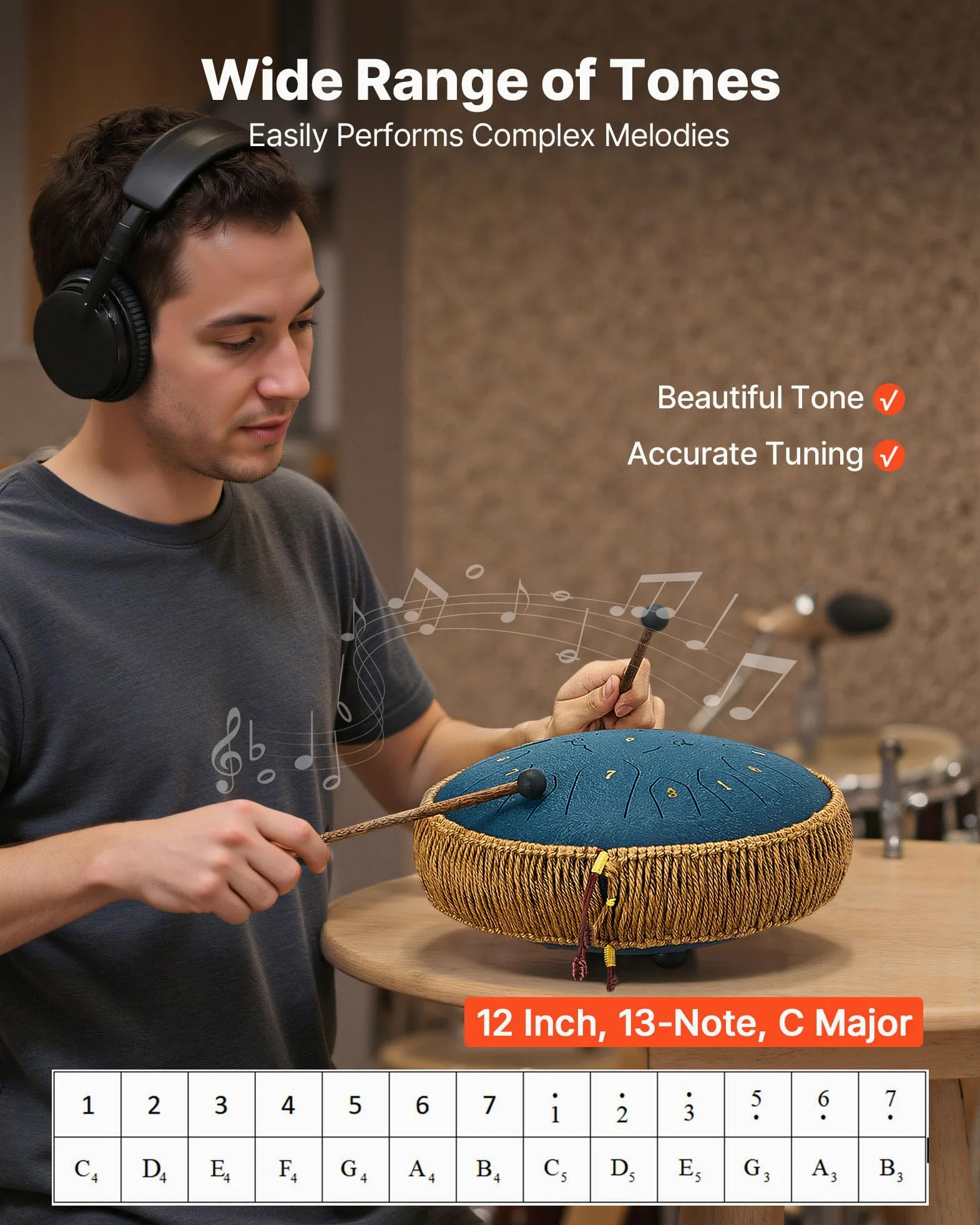 VEVOR Tamburo a Linguetta d'Acciaio, Strumento a Percussione Tonalità Do Maggiore Numero di Note da 13, Tamburi a Lingua in Do Maggiore con Bacchette, Strumento Musicale per Meditazione, Blu Navy