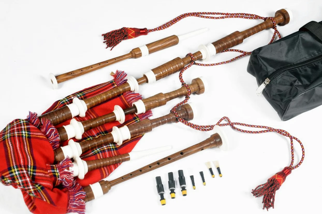 Cornamusa Great Highland in legno naturale di cobolo con supporti in finto avorio e corda di copertura tartan, per studenti, kit completo per principianti (lingua italiana non garantita),