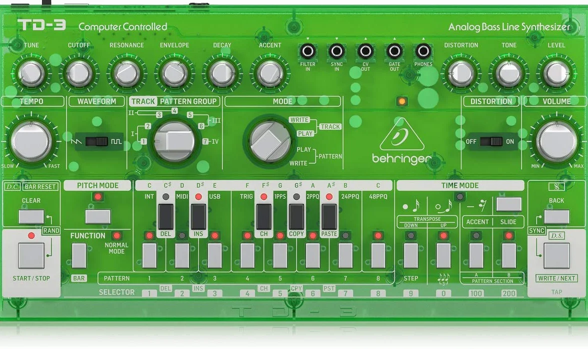 Behringer Sintetizzatore analogico di linea basso TD-3-LM con VCO, VCF, sequenziatore a 16 fasi, effetti di distorsione e catena poli a 16 voci, compatibile con PC e Mac