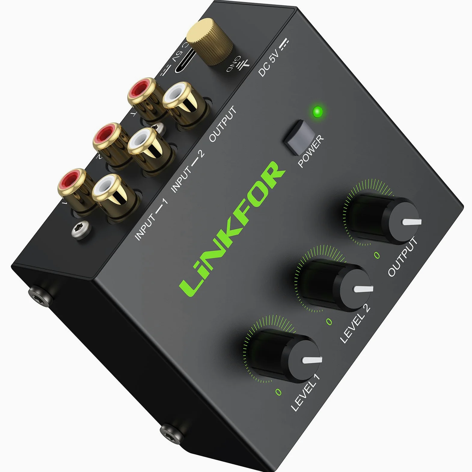 LiNKFOR Mixer Audio Stereo 2 Canali Attivo Basso Rumore, Audio Stereo RCA Compatto con Connettori Dorati, Mixer RCA 2 Canali con Controllo Volume Indipendente per PC/TV/Game