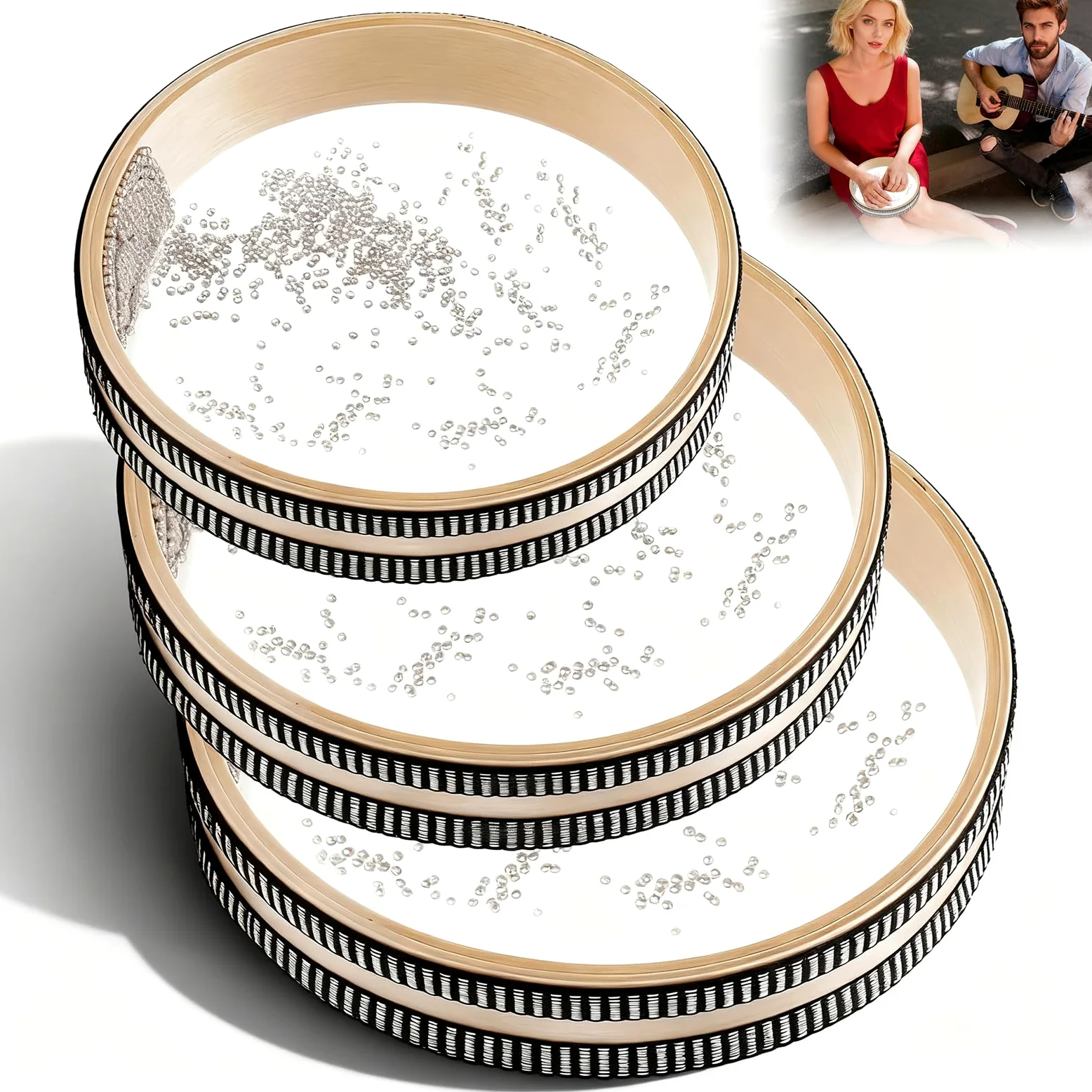 3 tamburi oceanici con perline a forma di onde oceaniche, per strumenti di guarigione del suono antistress, 15,2 cm, 20,3 cm, 25,4 cm