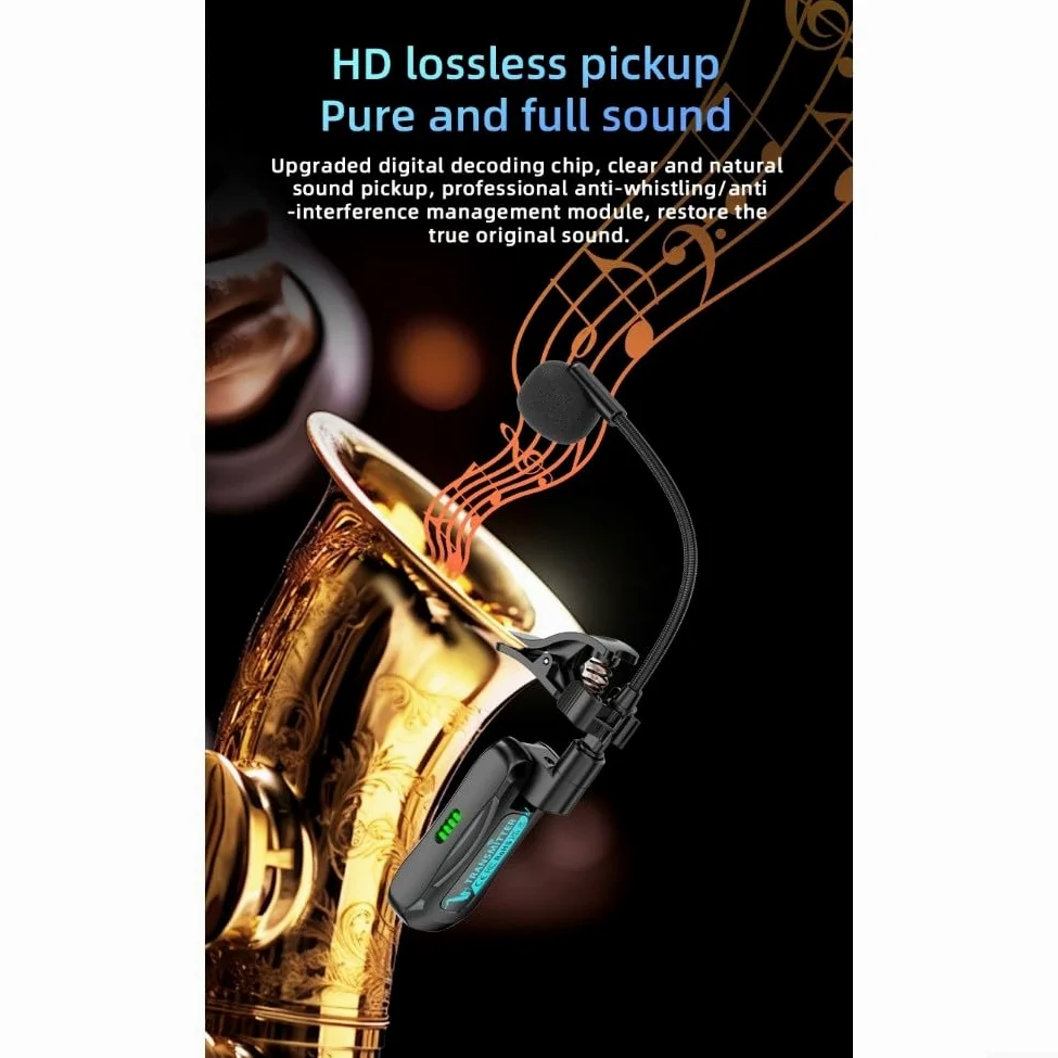 Microfono digitale wireless per sassofono: trasmissione 2,4 GHz, portata 40 m, latenza 12 ms, audio 48 K/16 bit, 98 dB SNR, compatibile con sax e tromba