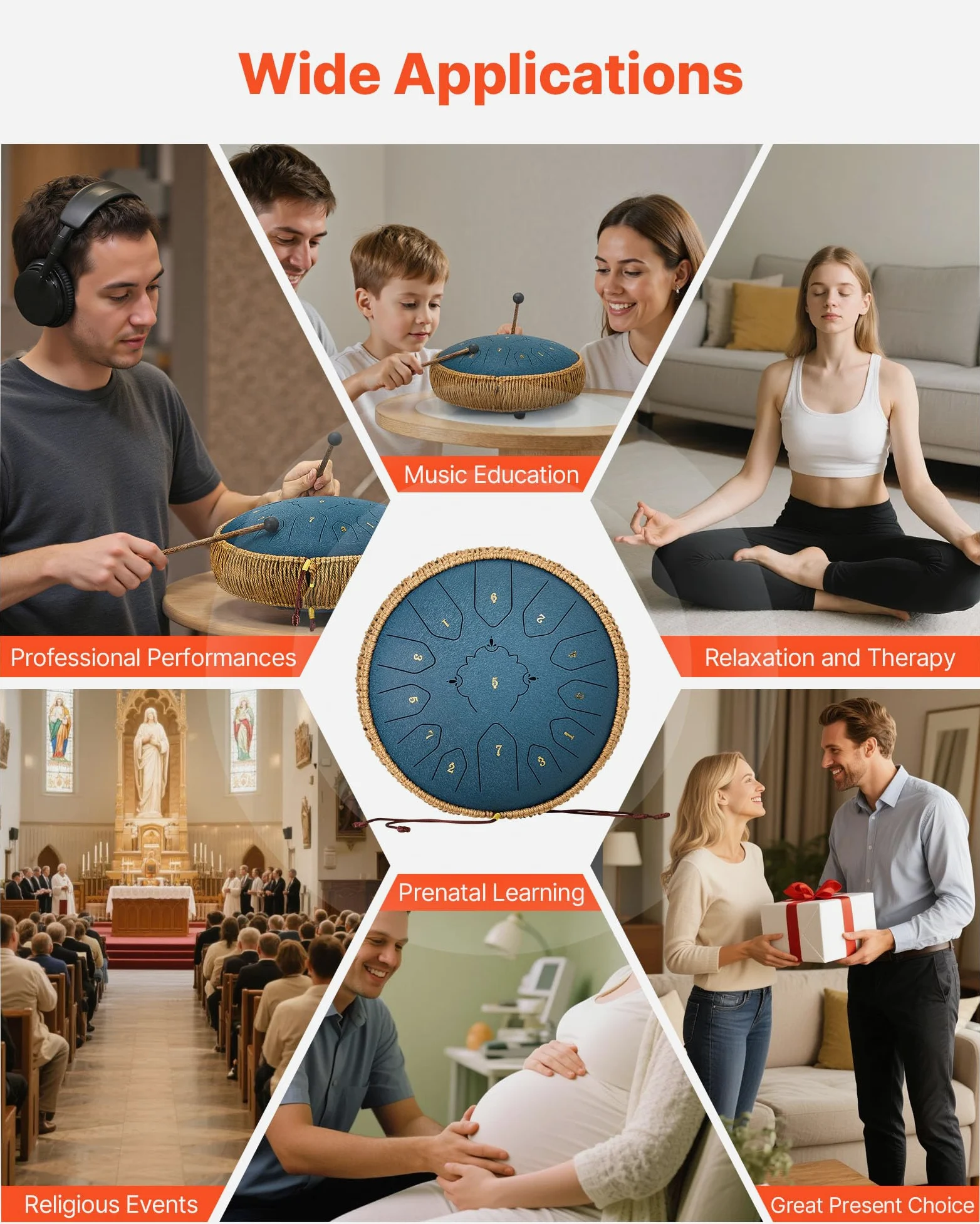 VEVOR Tamburo a Linguetta d'Acciaio, Strumento a Percussione Tonalità Do Maggiore Numero di Note da 13, Tamburi a Lingua in Do Maggiore con Bacchette, Strumento Musicale per Meditazione, Blu Navy