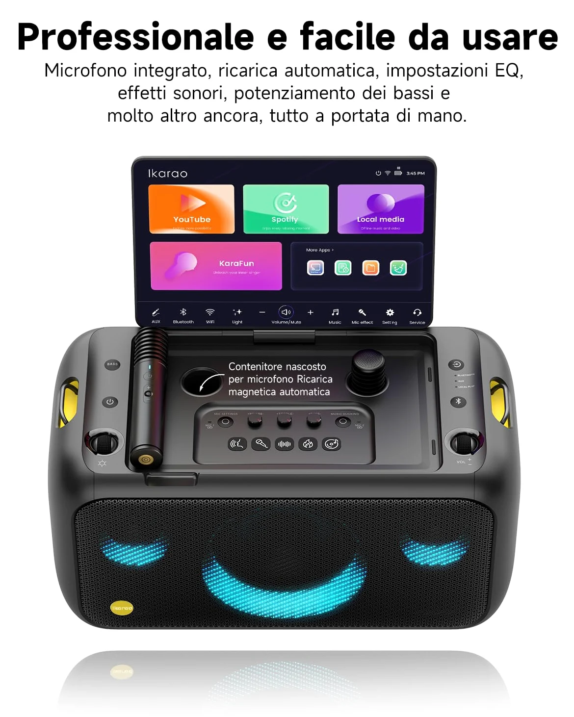 Ikarao Break X1 Macchina Karaoke con Schermo Touch 13,3", Altoparlante Bluetooth 800W, 2 Microfoni Wireless e Luci LED – Perfetta per Feste, Serate in Famiglia ed Eventi con Design Moderno