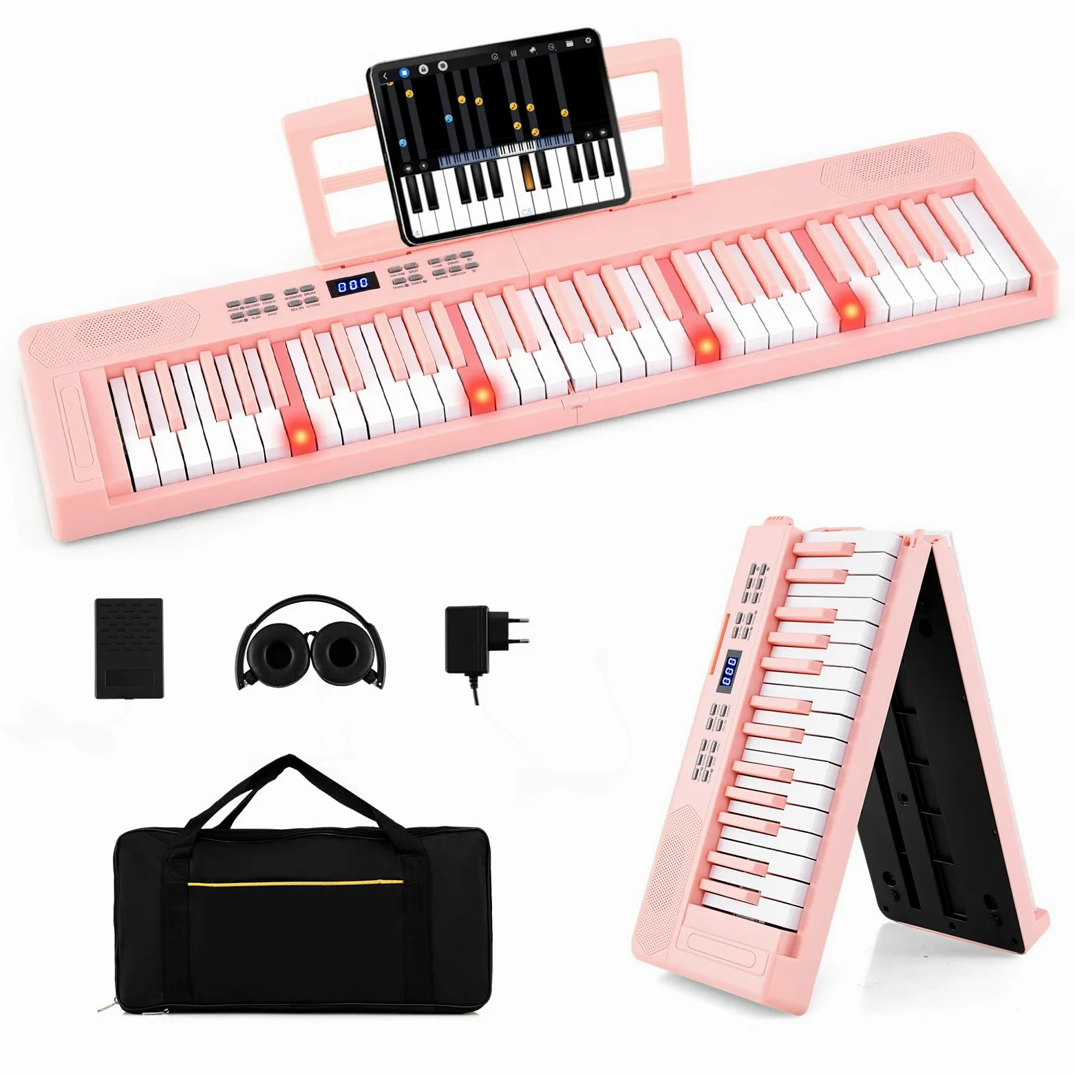 COSTWAY Tastiera Pianoforte Pieghevole a 61 Tasti, Tastiera Elettronica con Funzione MIDI, Cuffie, Pedale Sustain, Pianoforte Digitale Portatile per Principianti (Rosa)