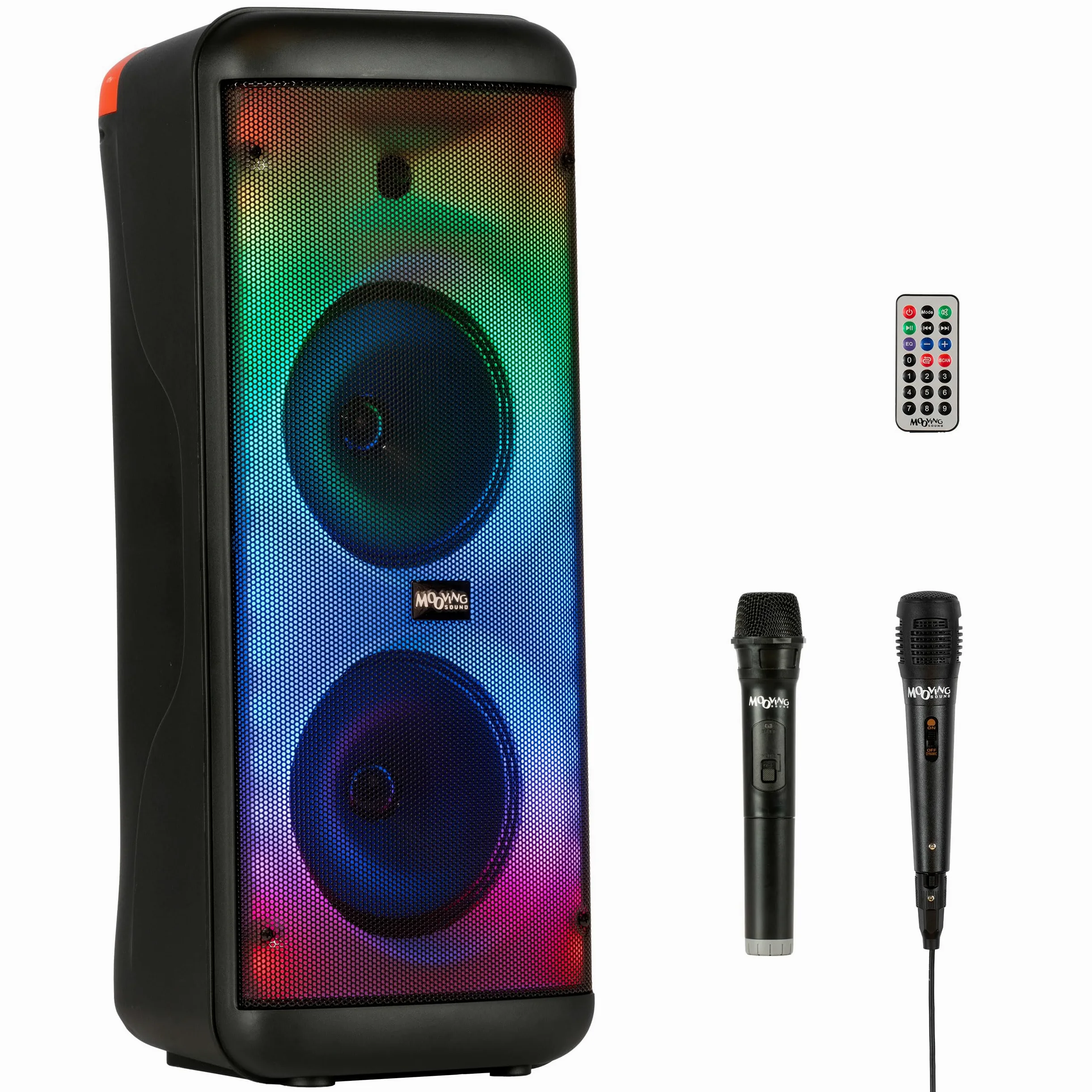 Mooving - MS-ELECTRO-SOUND600 - Altoparlante a batteria da 8"/600W con effetto luce sul pannello frontale, 1 microfono cablato e 1 wireless - Bluetooth/USB/AUX/MicroSD - Nero