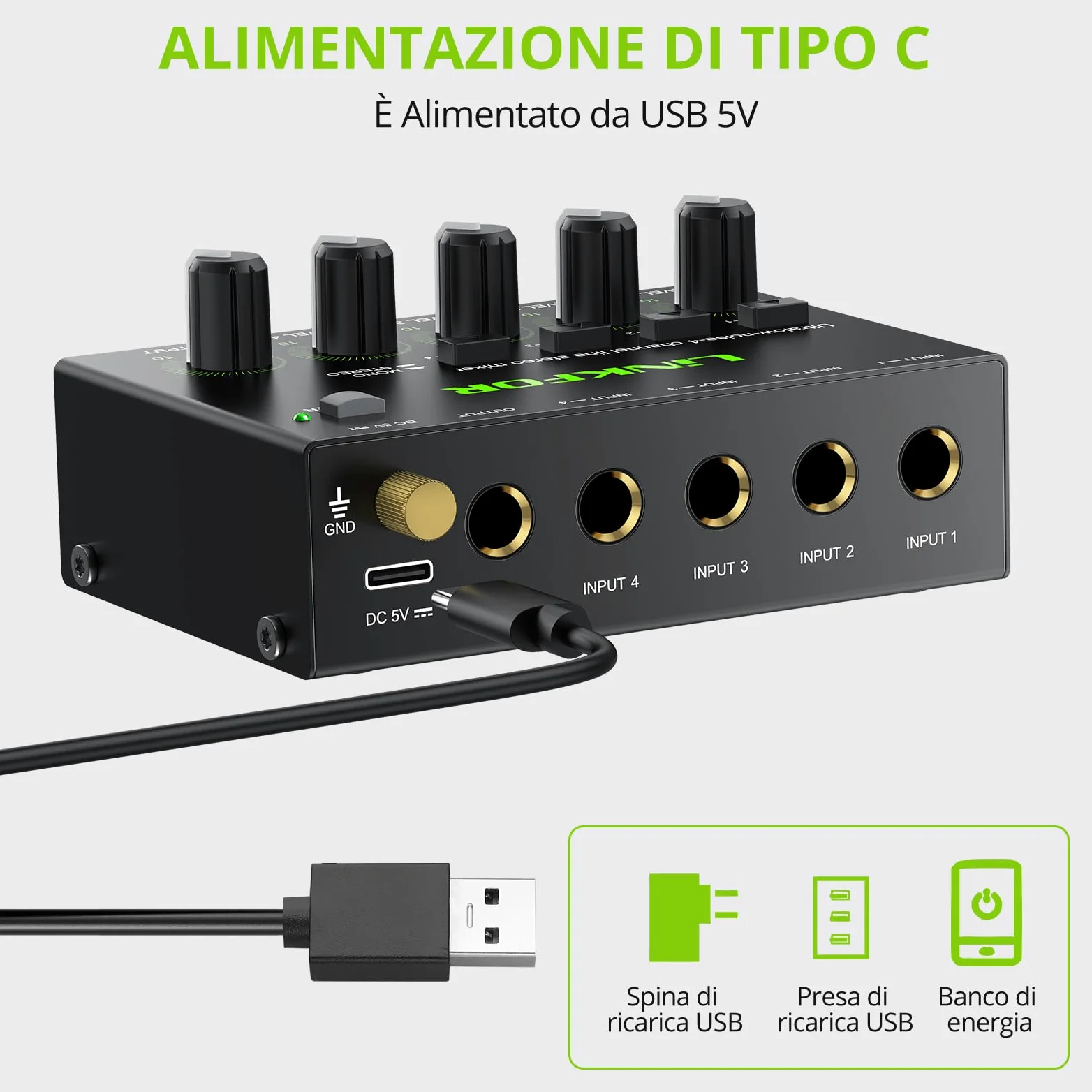 LiNKFOR Mixer Audio 4 Canali Stereo Multifunzionale 4 Channel Audio Mixer con Controllo Indipendente del Volume Audio Mixer 4 Canali per Piccolo Bar Microfoni Chitarre Bassi Tastiere e Mixer di Palco