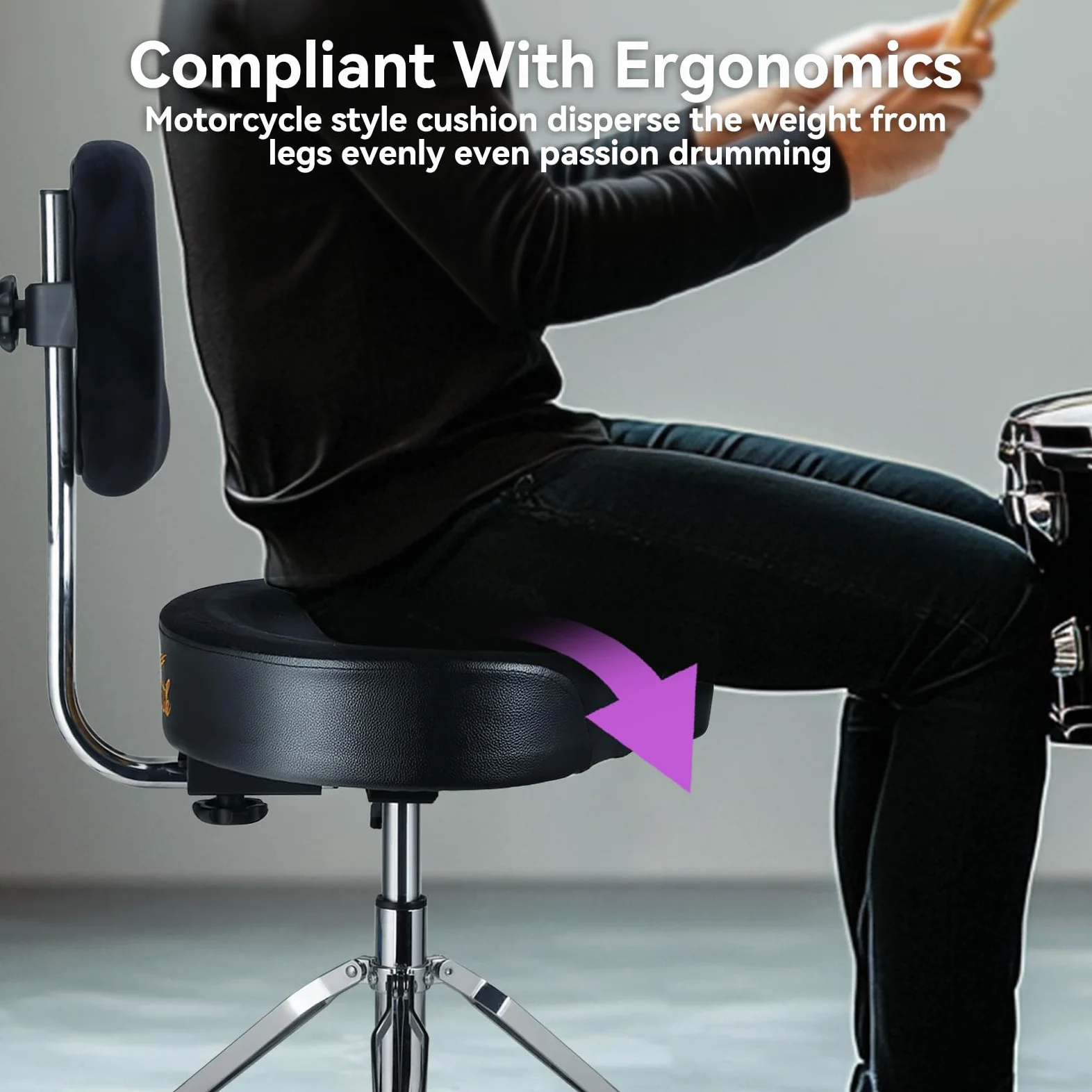 Drum Throne con schienale imbottito sedia per tamburo idraulico regolabile in altezza sgabello per batteria con bassi stabili Comodo sedile per batteria in memory foam per batteristi adulti
