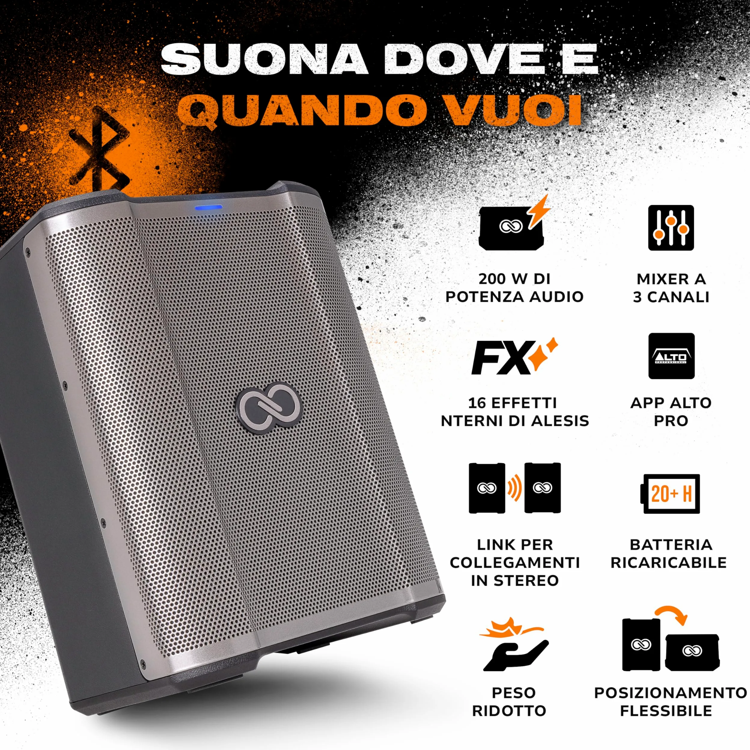 SHEERAN Special Edition Busker - PA portatile da 200 W con batteria ricaricabile, Bluetooth, mixer a 3 canali, effetti Alesis, app, ricarica USB