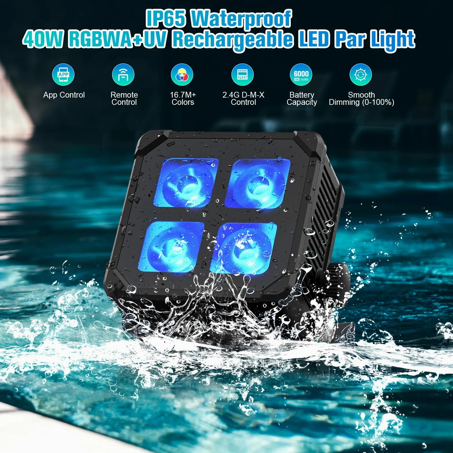 LED Par impermeabile Akku, 40 W RGBWA+UV luce da palcoscenico senza fili ricaricabile con controllo remoto/App/DMX512 per esterni, uplight per matrimoni, concerti, decorazione della casa