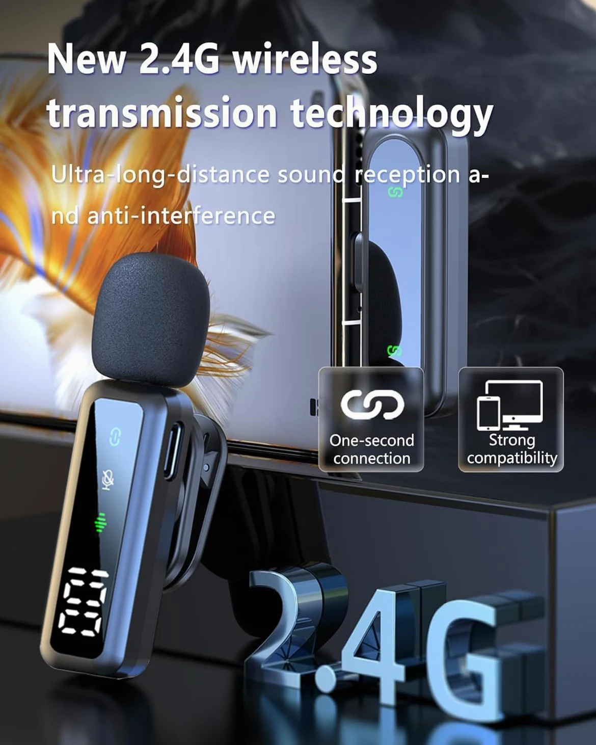 Aiwgyibo Microfono Wireless - Microfono Bluetooth Compatibile con iPhone/Android/Computer, Microfono Lavalier con Funzione di Riduzione del Rumore, Supporta Trasmissione Live, Vlog e Interviste