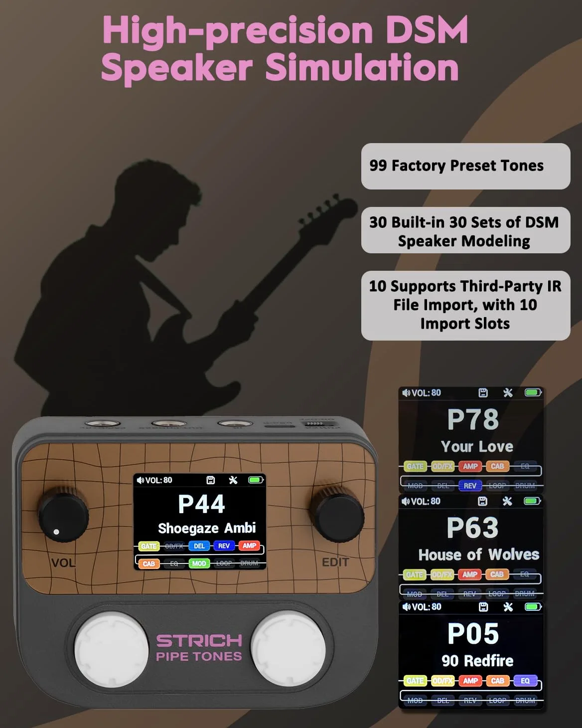STRICH Pipe Tones Pocket Multi-Effects Processor per chitarra e basso con pedale 10 moduli effetto 125 effetti Looper 40s 100 pattern di batteria Interfaccia audio USB Controllo wireless(Grigio scuro)