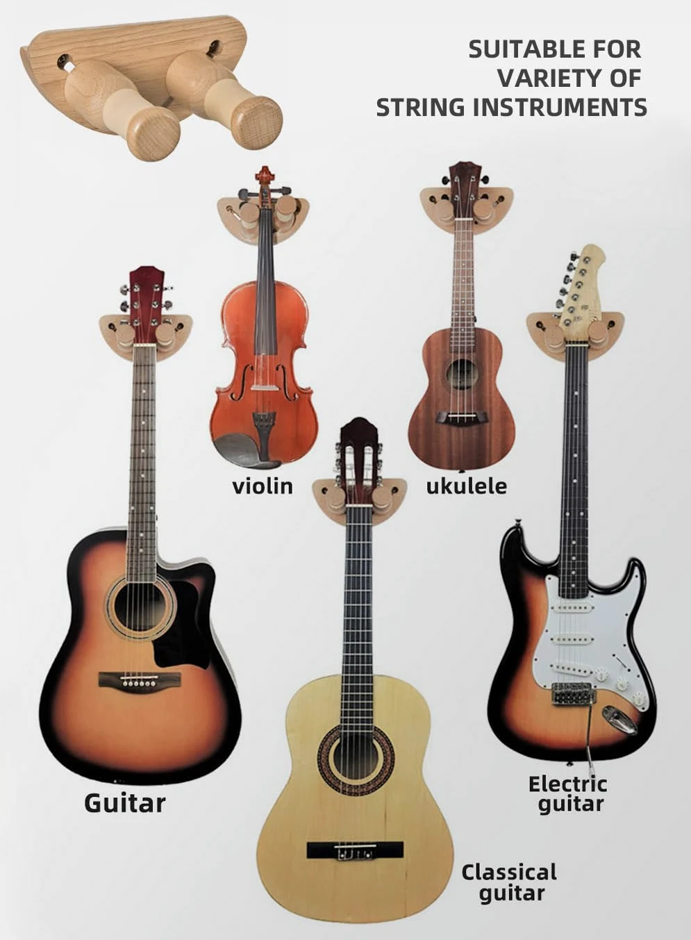 Supporto di Chitarra da Muro, Regolabile Gancio di Legno Supporto da Parete in Legno per Chitarra, Basso, Banjo, Ukulele