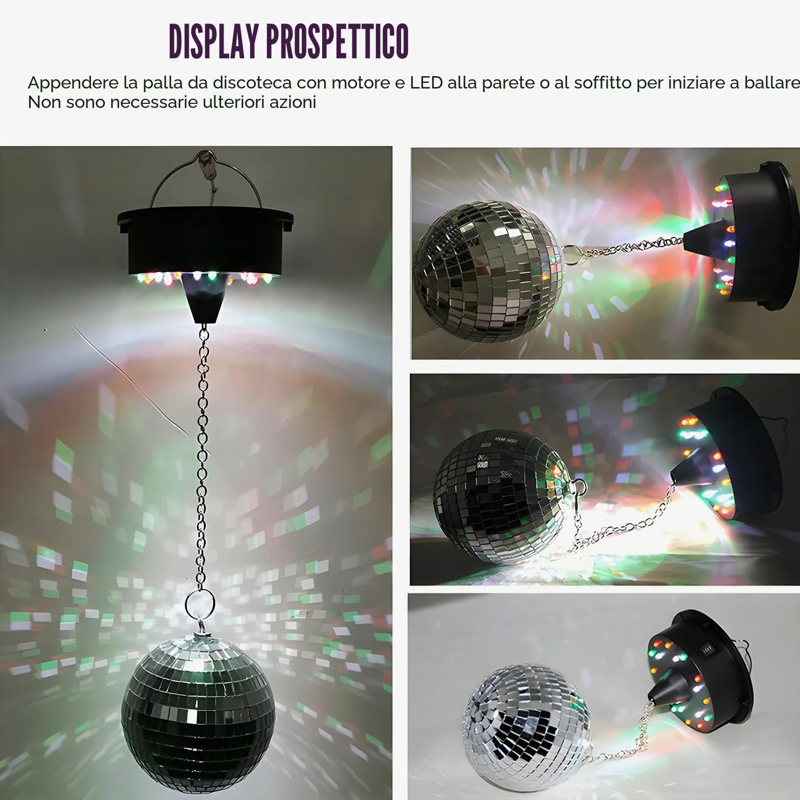 Sfera da discoteca 12 cm con motore e LED, Sfera a specchi rotante con 18 perline LED, alimentata a batteria, palla da discoteca con occhiello metallico, decorazione palla da discoteca per feste