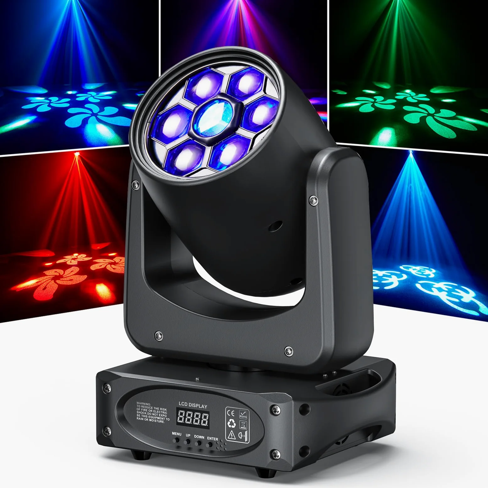150W Teste mobili LED 6 Bee Eye Luci Discoteca Prisma Effetto Luce Illuminazione Palcoscenico RGBW Stroboscopica con 8 Gobos per Feste Bar Club Matrimoni Chiesa Live Band