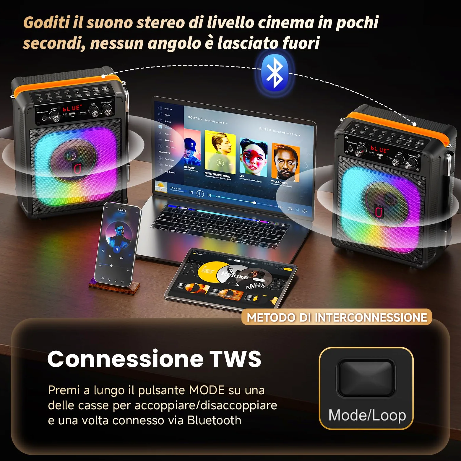 HWWR Karaoke con 2 Microfono, 60W Cassa Bluetooth 5.3 Subwoofer da 6,5, 12 Ore Riproduzione, Karaoke Portatile per Adulti/Bambini con Effetti Luce LED, Festa/Casa/Compleanno