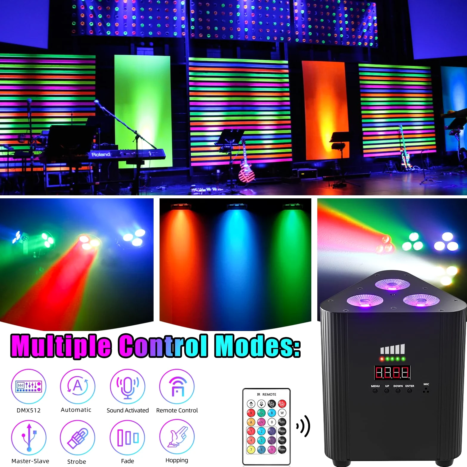 senza fili RGBW 3 LED par Faro con telecomando, 4400 mA ricaricabile Batteria-dmx-LED luce festa Uplight con indicatore di potenza DJ luce palcoscenico per KTV discoteca matrimonio Natale
