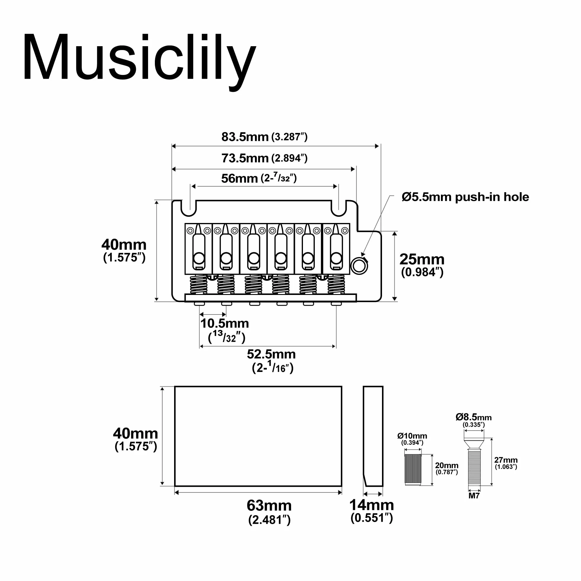 Musiclily Pro 52,5mm Ponte Tremolo 2 Pivot Selle in Acciaio per Chitarra Elettrica American Strat, Cromato