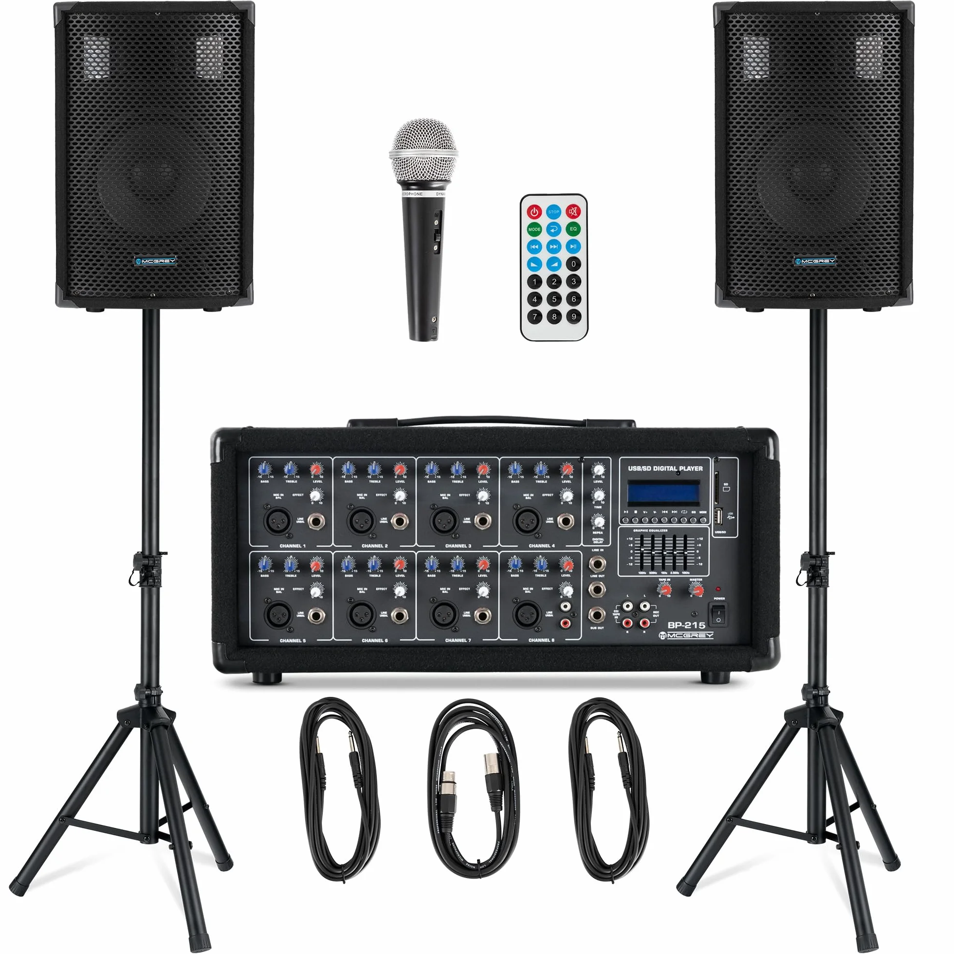 McGrey BP-215 Bandpack PA-System: mixer amplificatore 8 canali, riverbero digitale, Bluetooth, slot USB/SD, casse 2 vie 15" woofer, microfono, supporti, cavi, 150 Watt.
