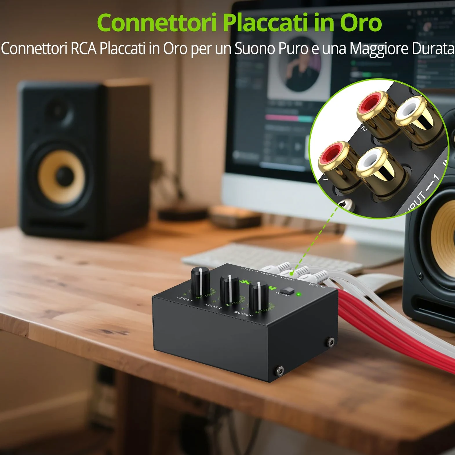 LiNKFOR Mixer Audio Stereo 2 Canali Attivo Basso Rumore, Audio Stereo RCA Compatto con Connettori Dorati, Mixer RCA 2 Canali con Controllo Volume Indipendente per PC/TV/Game