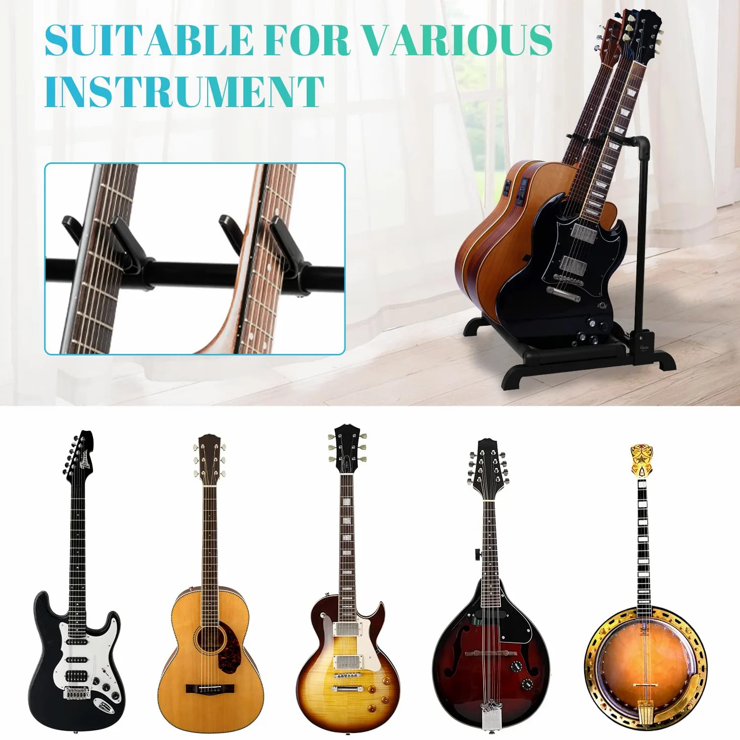 GUITTO GGS12 - Supporto per chitarra, pieghevole, universale, portatile, per palcoscenico, basso, chitarra acustica, 3 supporti GGS-12