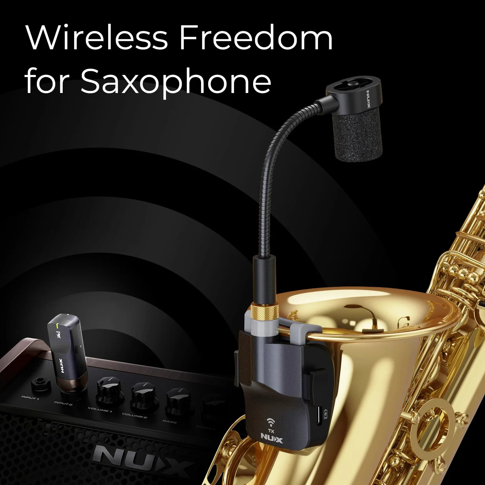 NUX B-6 - Sistema wireless per sassofono con custodia ricaricabile, portata 20m, audio 24 bit/44,1 kHz, microfono senza fili 2,4 GHz