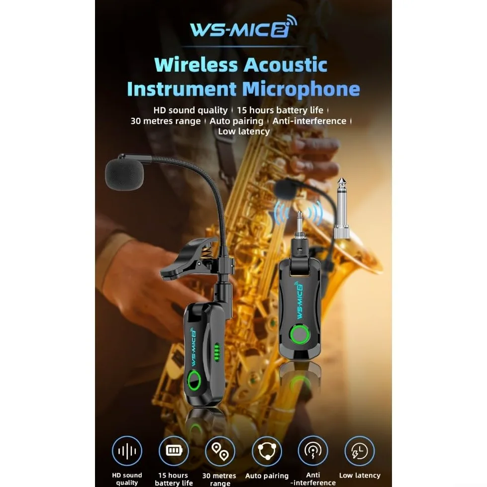 Microfono digitale wireless per sassofono: trasmissione 2,4 GHz, portata 40 m, latenza 12 ms, audio 48 K/16 bit, 98 dB SNR, compatibile con sax e tromba