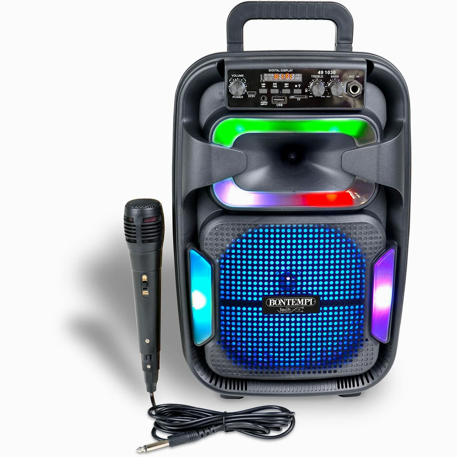 Bontempi | SonicSync - Amplificatore Wireless Karaoke con Microfono Dinamico, Effetti Luminosi, Regolatore Alti e Bassi, Funzione TWS, 38,2x24,9x21,9 cm