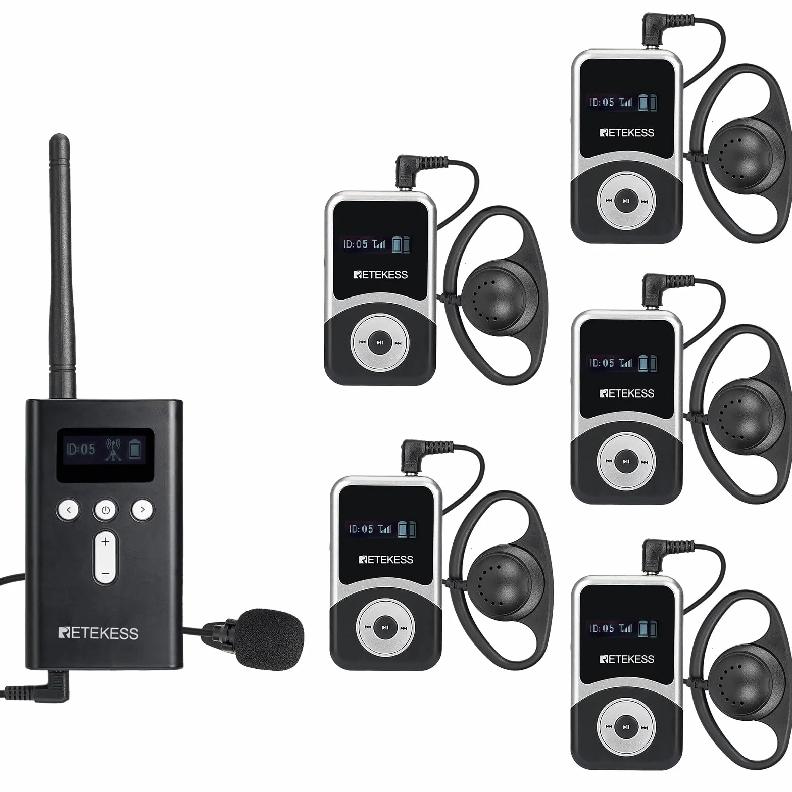 Retekess T130S (T130 2rd) Sistema di Audio guida, Sistema di Guida Wireless, Operazione con un Clic, 100m, Cuffia D, Tasto Muto, per Turismo, Fabbrica (1 Trasmettitore 5 Ricevitori)